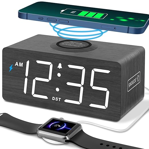 Dream Sky Wooden Digital Alarm Clock with Wireless Charging for Bedroom, Bedside Nightstand Clock