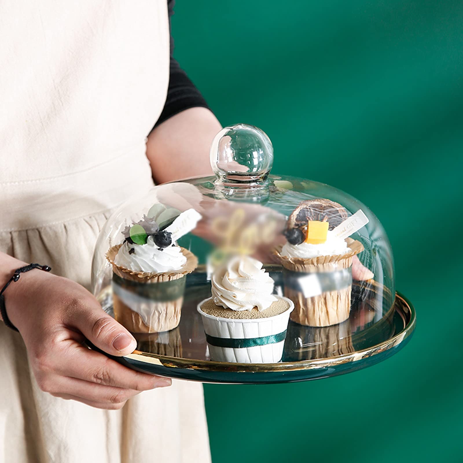 Soporte para Tartas Pantalla de Pastel Verde con Cubierta de Cristal Phnom Penh Cerámica Postre Mesa Multiusos Pastel Bandeja de pastelería for la Fiesta de té, Boda y cumpleaños Bandejas para Tartas