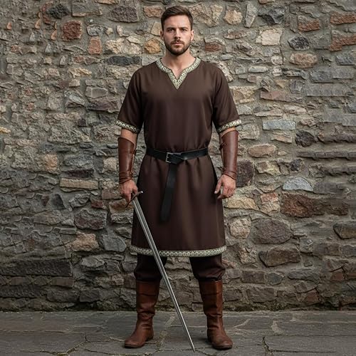 Miniatura 7 de Disfraz medieval para hombre, túnica de pirata vikingo, caballero, guerrero, renacentista, camisas con cinturón