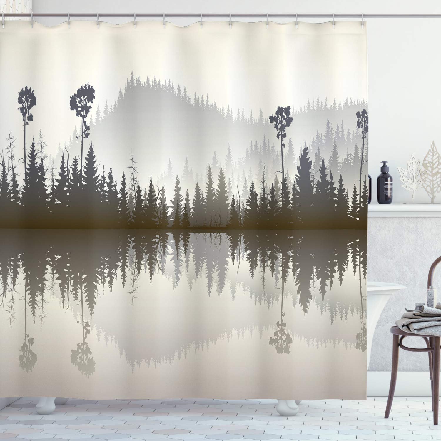 ABAKUHAUS Forest Shower Curtain, Misty Northern Nature Jungle with Hills and River at Dusk Water Reflection