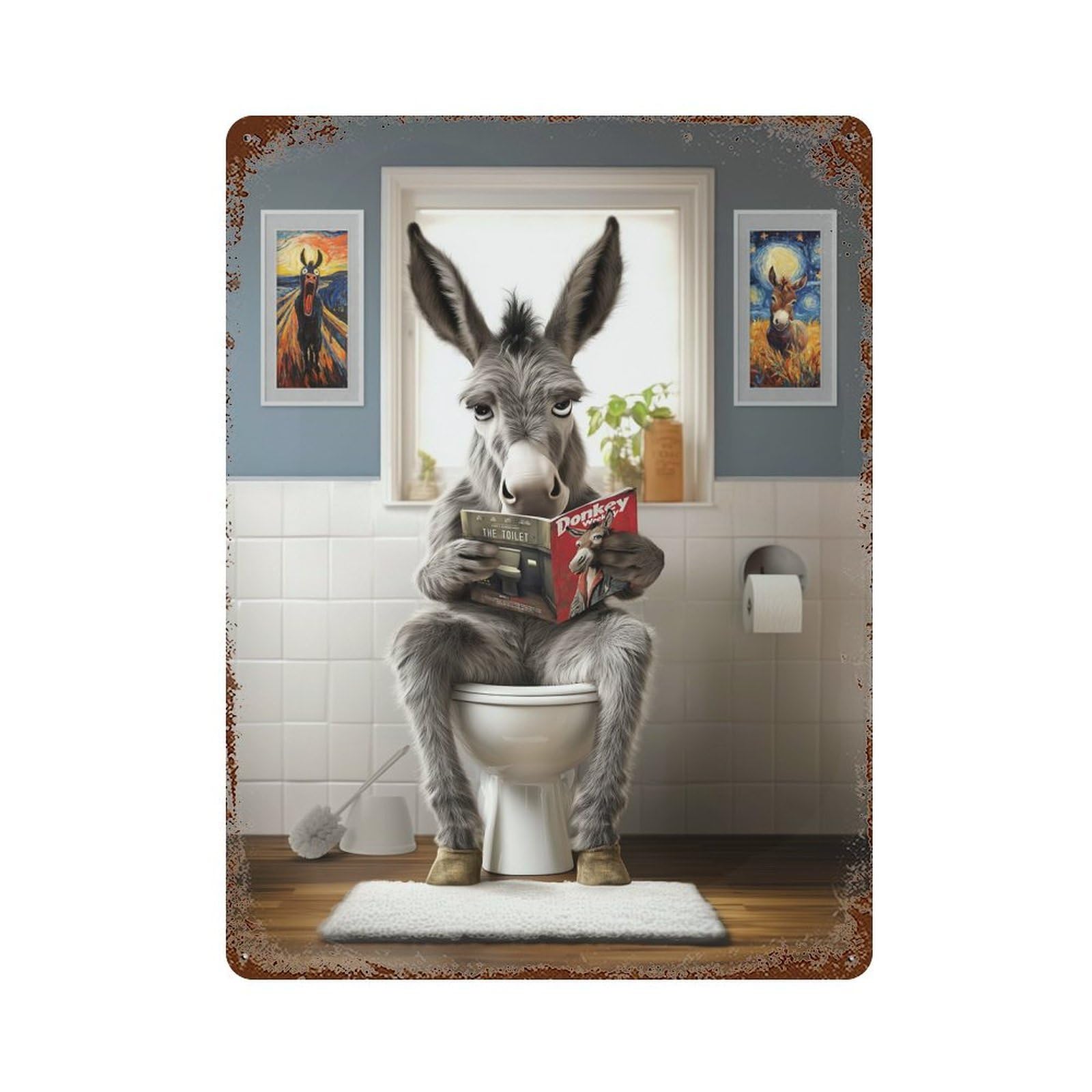 Donkey on The Toilet Aged Metal Wall Plaque 15.7"x11.8", Farmhouse Wall Decor for Patio, Garden Room And Bar Decor