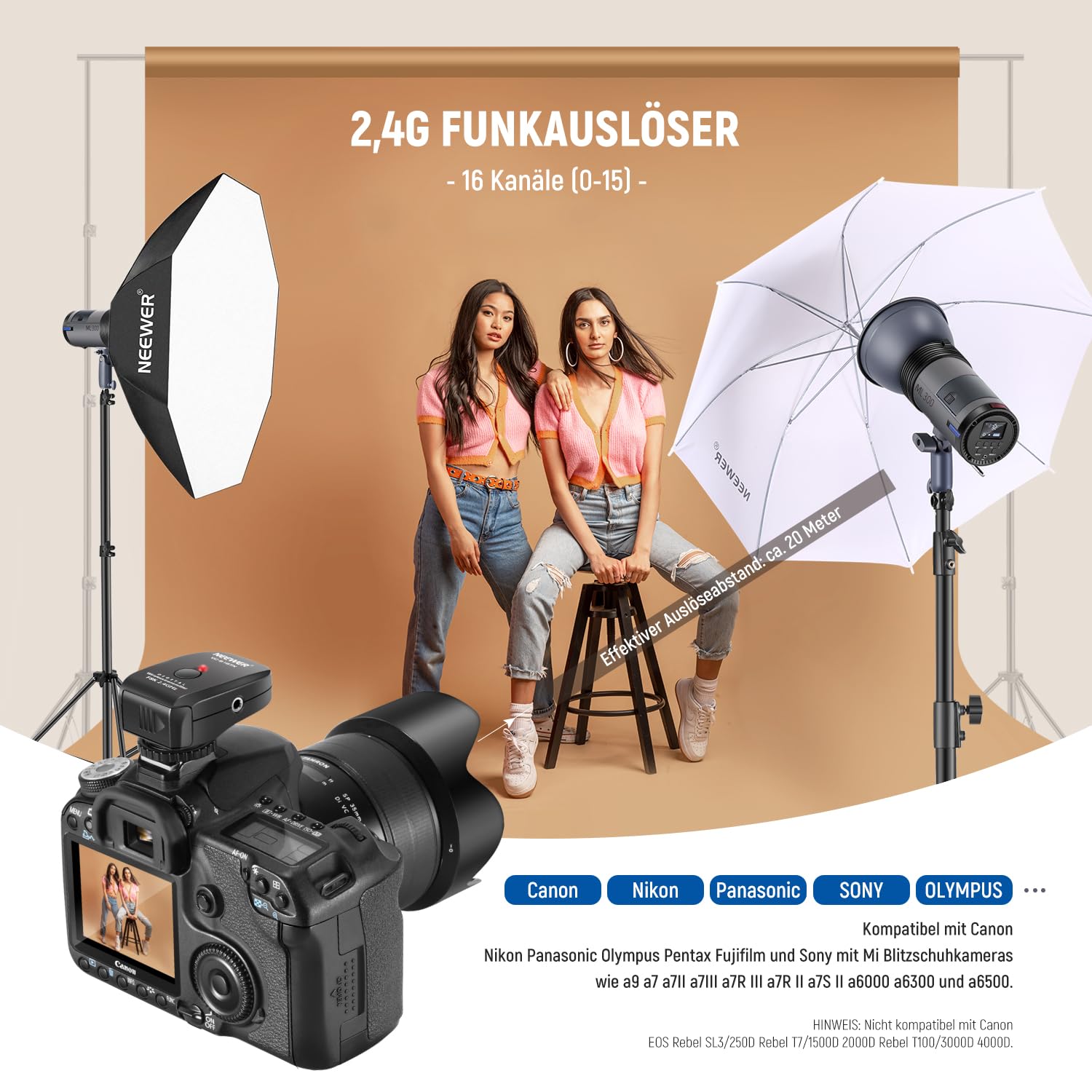 NEEWER ML300 300W GN60 im Freien Studioblitz-Li-Ion-Batteriebetriebenes Monolight mit 2,4GHz Funkauslöser, 1000 Blitzen mit voller Leistung, 0,4-2,5s Ladezeit, Bowens-Halterung, 2er-Pack Li-on-Akku