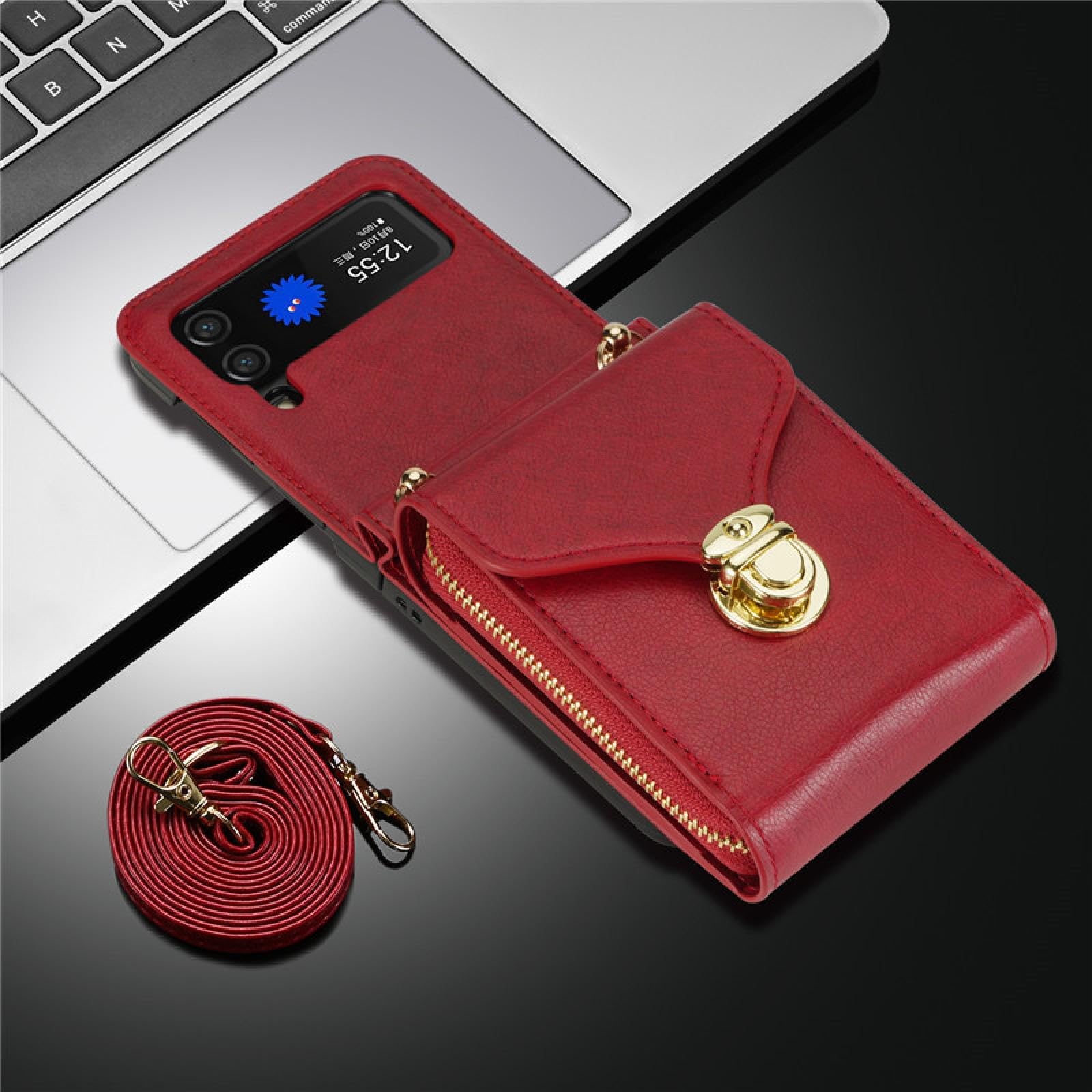 Do Samsung Z Flip 3 Smycz Skórzany Zamek Portfel Slot Karty Etui na Telefon Smycz Portfel Torba Flip Stojak Pokrowiec Tylna Torba (Do Samsung Z Flip 3/Czerwony)