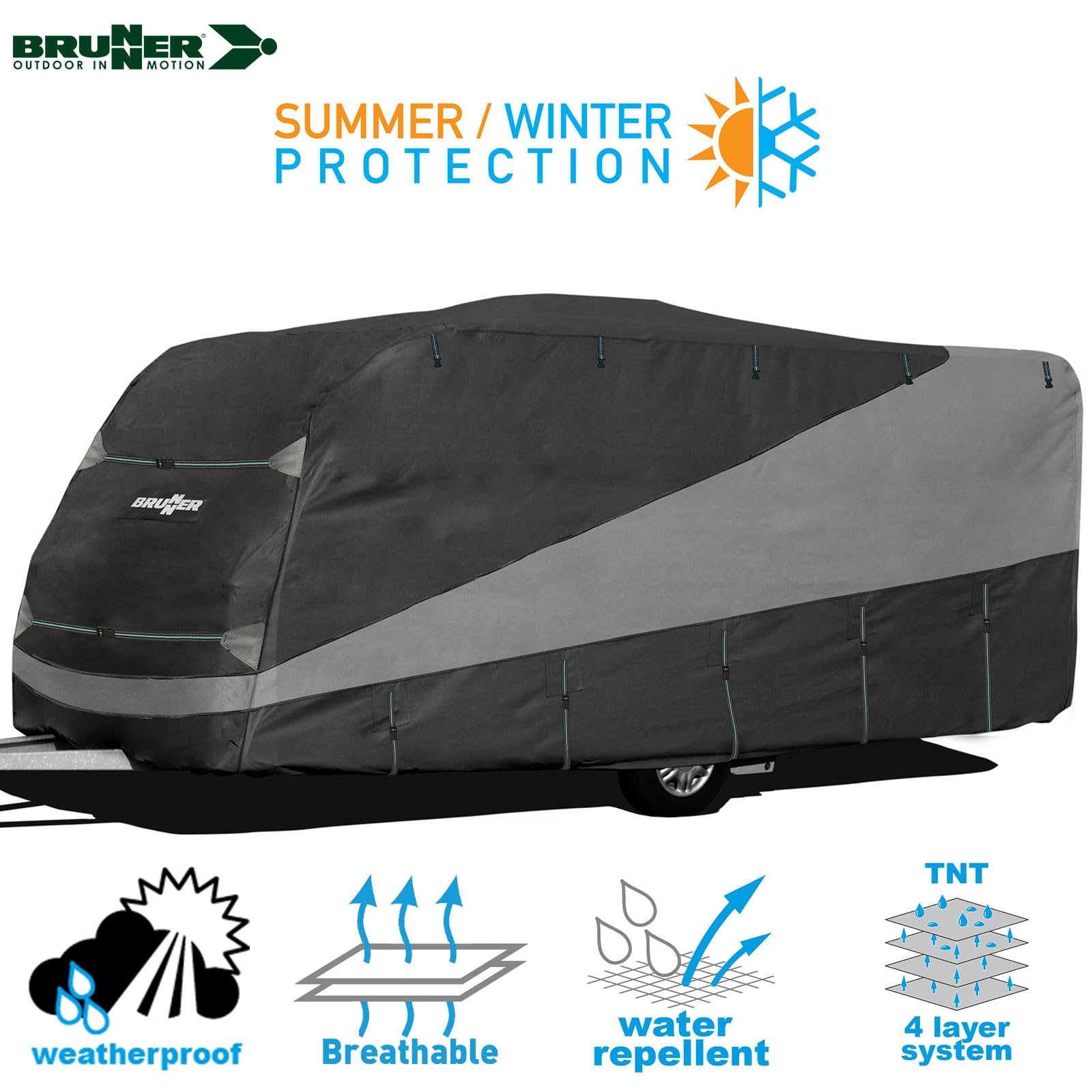 BRUNNER Wohnwagen-Abdeckplane Caravan Cover Design 12M 4,5m-5m x2,4m x2,2m | Schutzhülle 4-lagiges hochwertiges TNT-Gewebe, Atmungsaktive Abdeckung, UV-Beständig für Winter UND Sommer, Wasserabweisend
