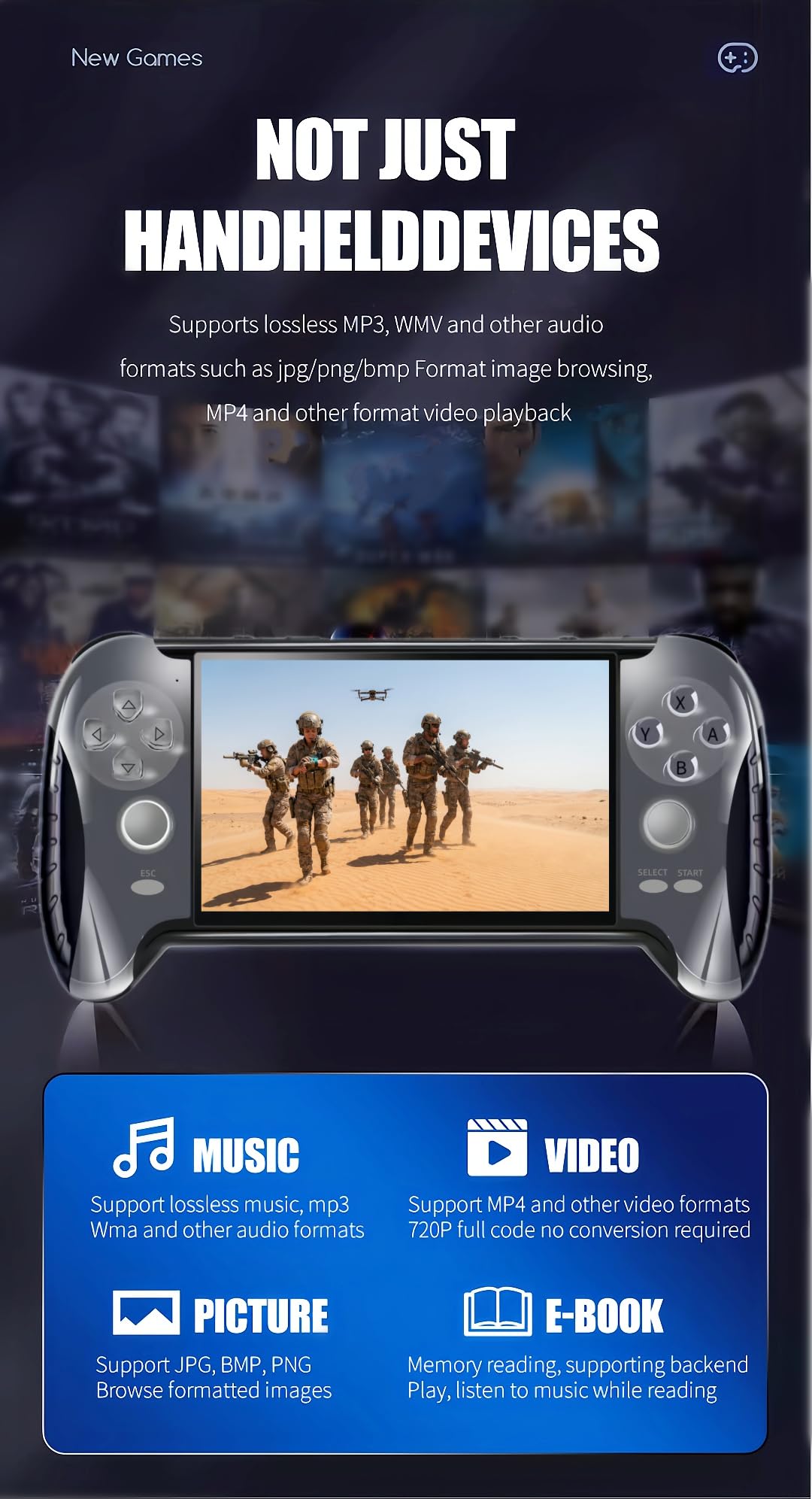 4.3 Pulgadas Consola de Videojuegos Portátil Diseño de Mango Creativo Emuladores Múltiples Salida TV/MP4/MP3/E-Book Juegos Retro de Puzzle Casual Regalos de Cumpleaños/Vacaciones