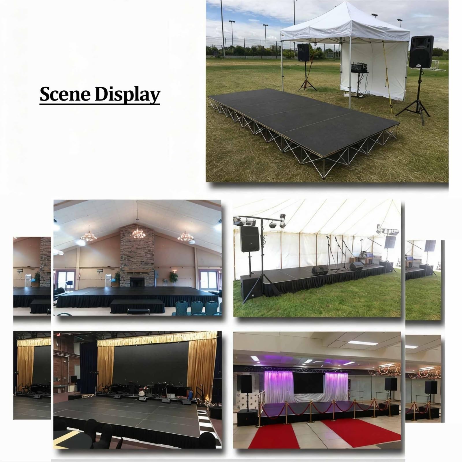 Plataforma modular portátil de 1,2 m x 1,2 m, de aluminio ligero y plegable, ideal para escenarios de entretenimiento compactos y bodas.