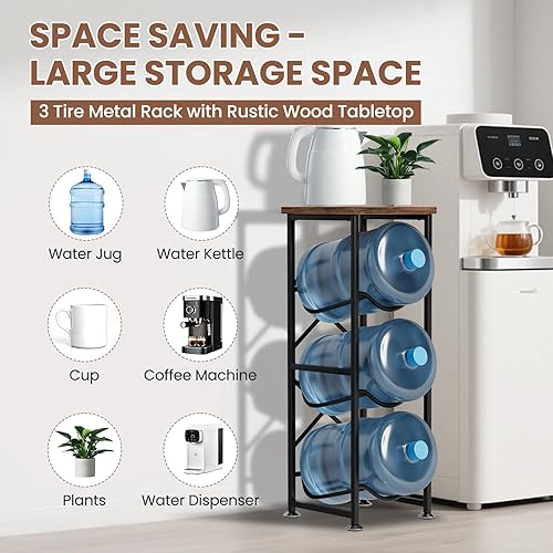 Miniatura 5 de Soporte para jarra de agua de 5 galones, soporte para botella de agua de 3 niveles con estante superior de madera, estante para jarra de agua