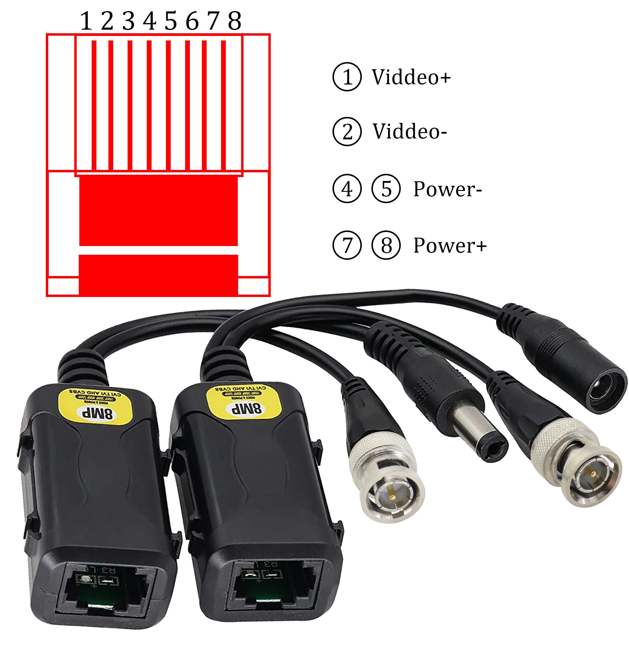 HD Video Balun BNC Macho a RJ45 Hembra Full HD RJ45 Hembra a BNC/DC Adaptador Cámara de Vigilancia Analógica Transceptor de Red para Todos los Equipos de Video (16.5 cm/4 pares)