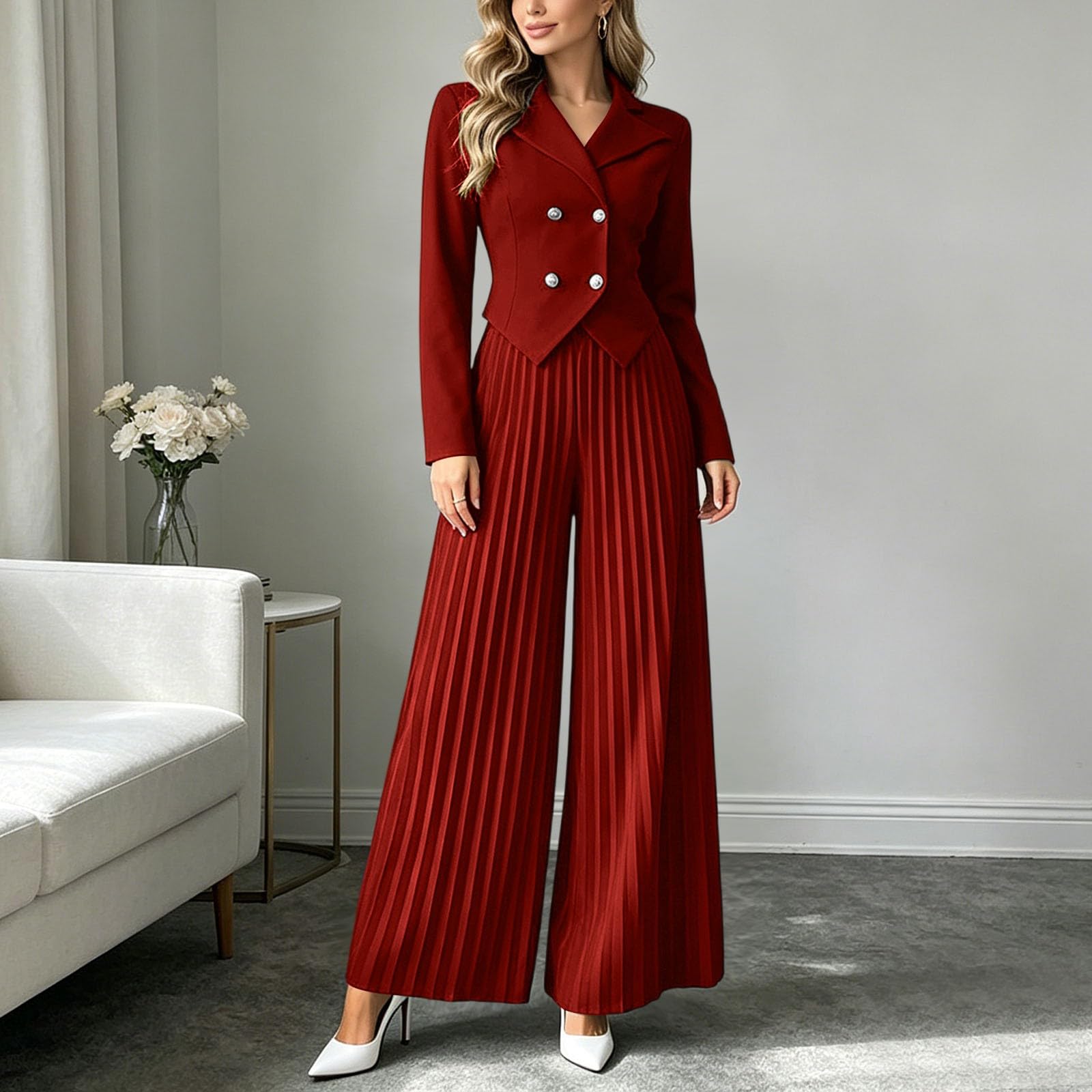 Traje de pantalón para mujer, elegante, de 2 piezas, chaqueta de traje, manga larga, monocolor, juego de traje ajustado, traje festivo, traje de ocio sencillo, con solapa, abrigo deportivo y