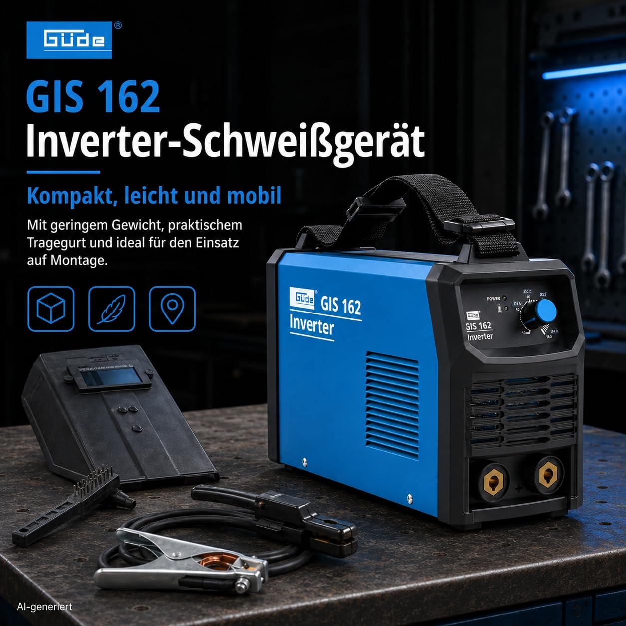 Güde Spawarka inwerterowa GIS 162 (230 V, moc biegu jałowego 15,5 W, maks. moc sieciowa 5,0 kVA, zakres regulacji prądu spawania 10-160 A, w zestawie uchwyt elektrody, zacisk masowy, młotek żużlowy i