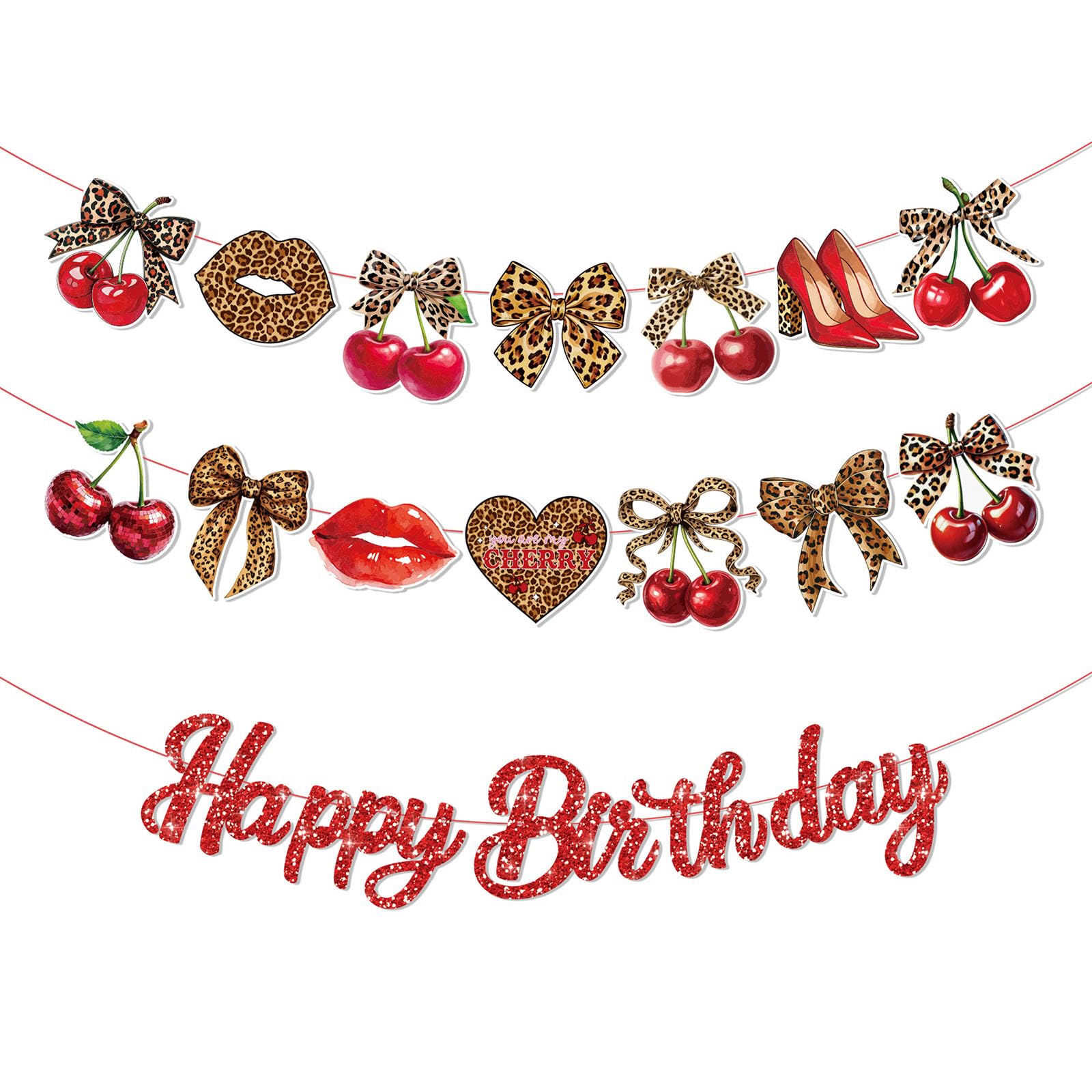 MORAINJAY 3 Pcs Cherry Leopard Print Banner, Red Happy Birthday Banner