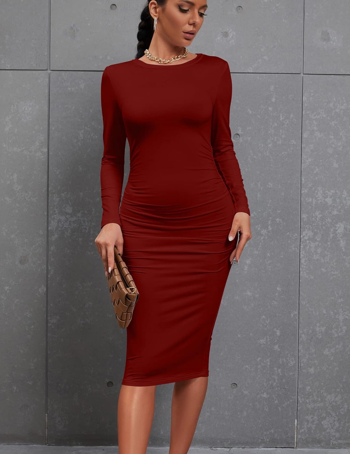 Kaximil Women's Sexy Bodycon Ruched Long Sleeve Basic Midi Club Party Pencil Dresses - Image 3