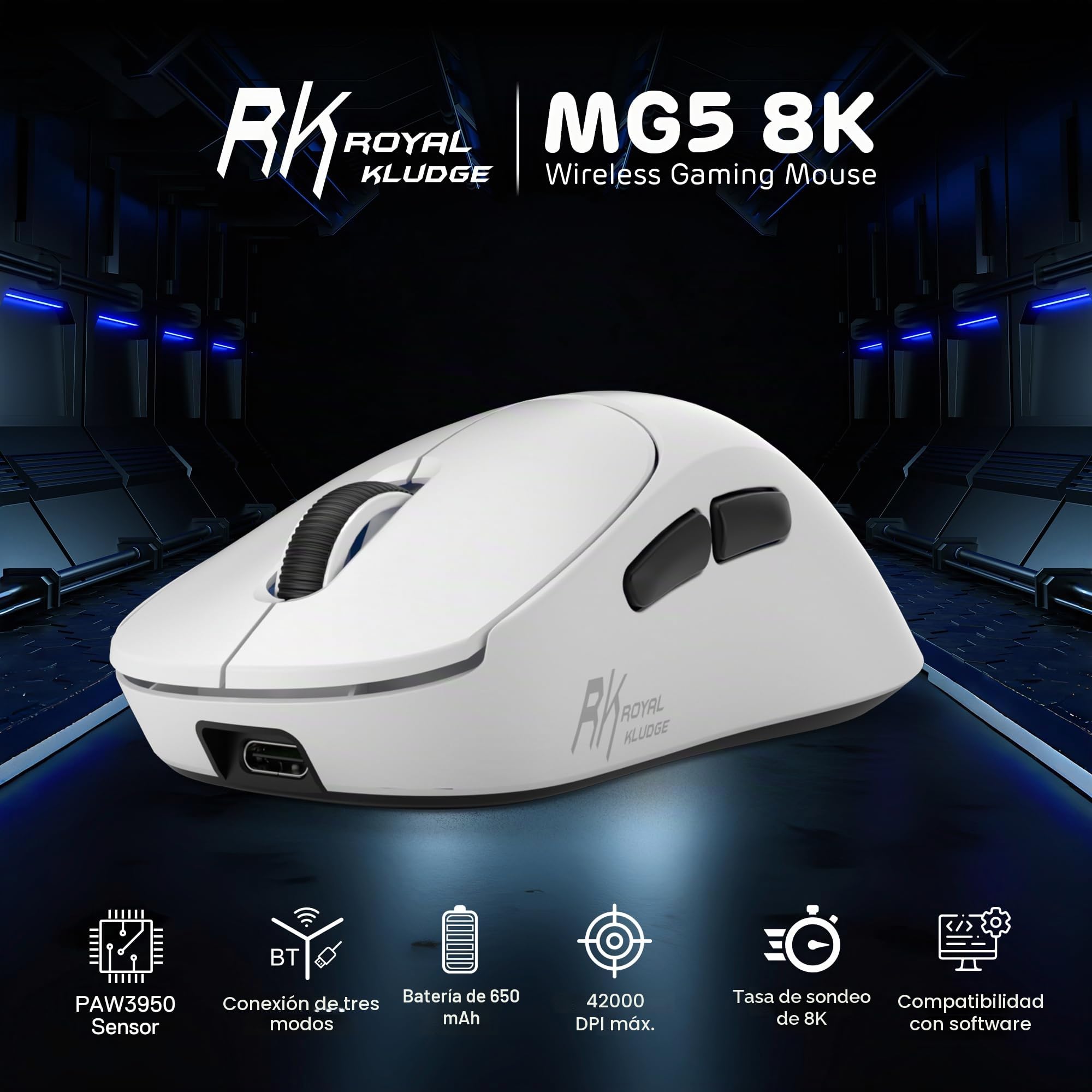 RK ROYAL KLUDGE MG5 8K ratón inalámbrico para juegos, sensor PAW3950 42K DPI, ligero 54g ergonómico, doble frecuencia de muestreo 8KHz, triple modo 2,4G/BT/USB-C, interruptor de 100M clics, unidad web