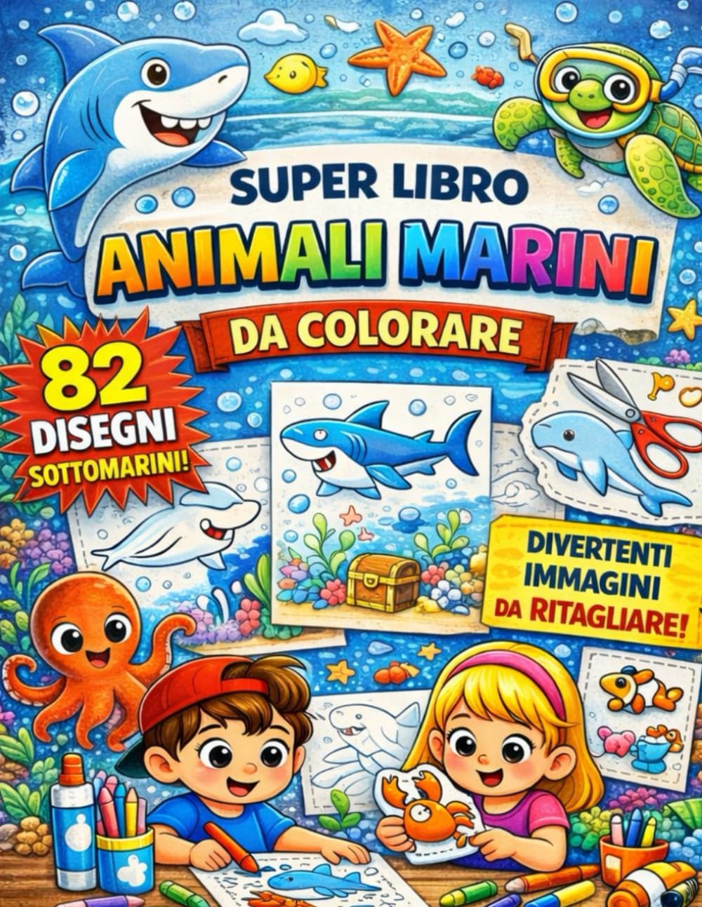 Animali Marini da Colorare per Bambini: 82 Disegni Grandi e Facili da Colorare e Ritagliare Libro Attività Creativo 3-10 Anni: Libro da Colorare per ... Educative e Creative per Stimolare Fantasia e