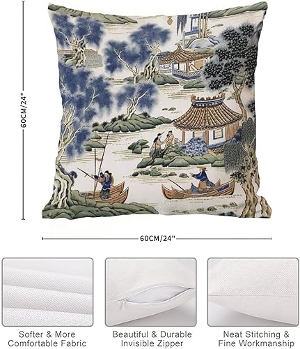 Miniatura 7 de Funda de almohada asiática escénica azul y verde Kelly Chinoiserie Euro Funda de almohada asiática 24 x 24 pulgadas, funda de almohada decorativa