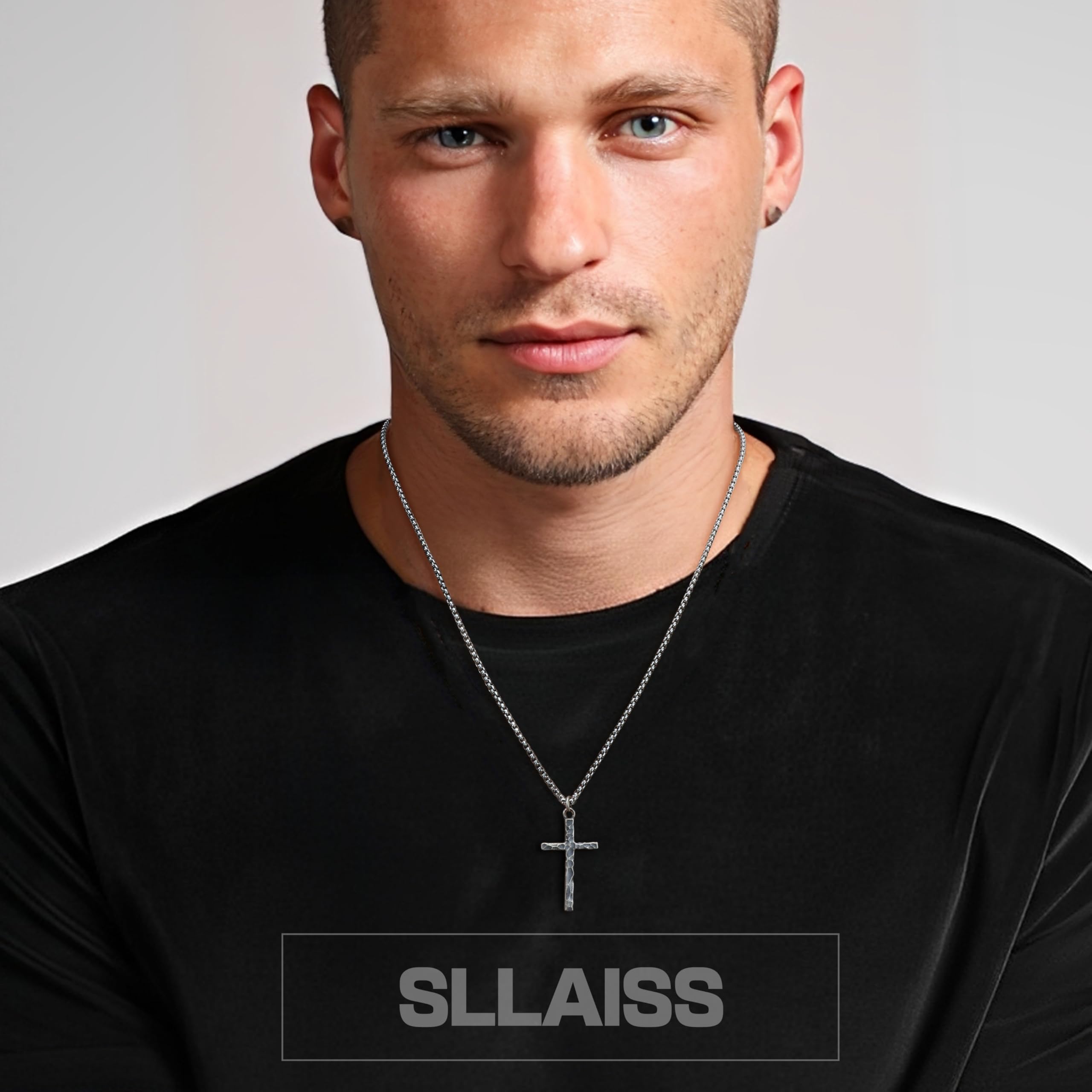 Sllaiss Kreuz Kette Herren Silber 925 Anhänger mit Edelstahlkette, Vintage | Halskette für Männer Jungen Kette mit Kreuzanhänger Silberkette Gehämmert Herrenhalskette Wasserfest 18/20/22/24/26 Zoll