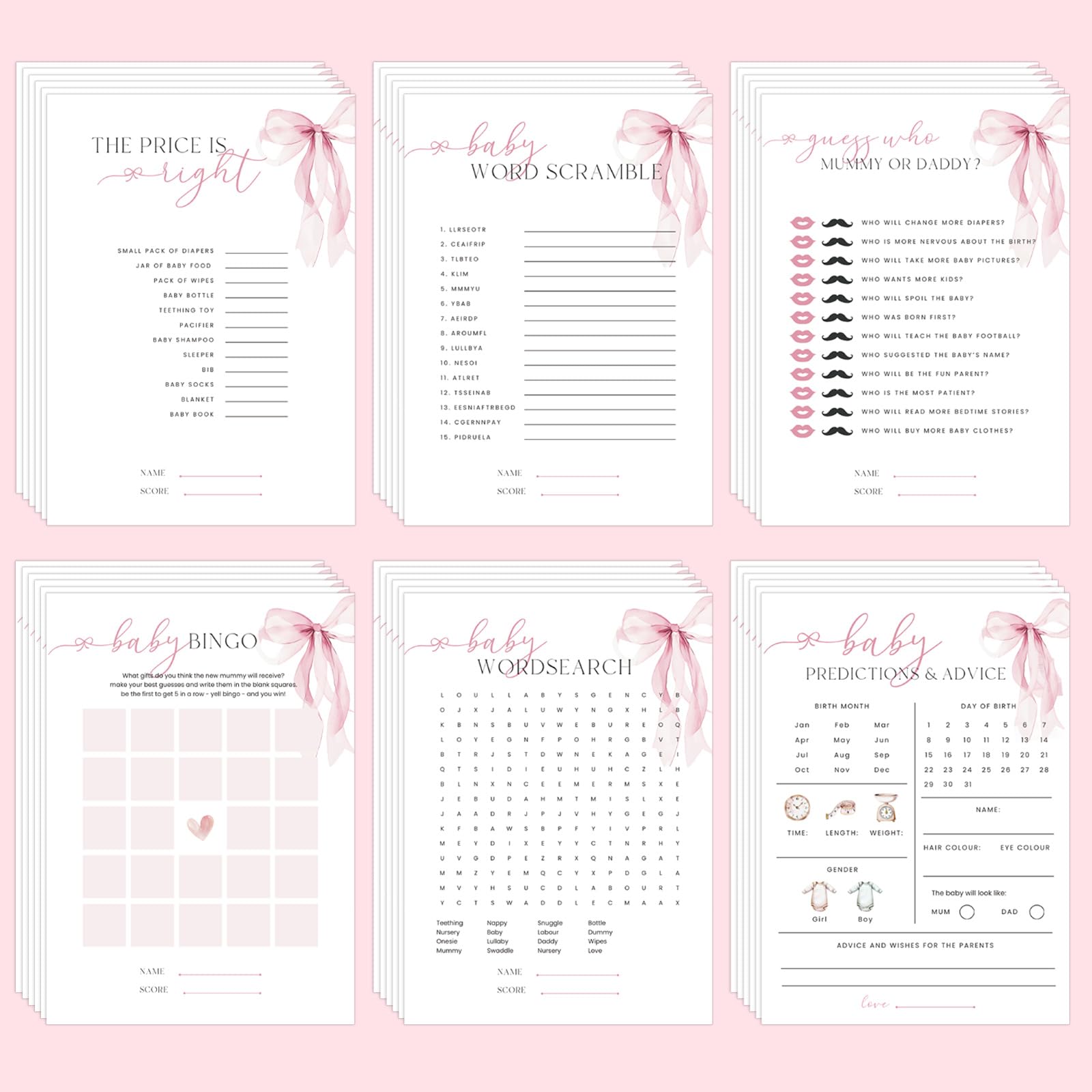 FYSUIMU Pink Bow Baby Shower Game Cards for Girl Watercolor Bow Knot Double Sided Party Game Activity Cards for 50 Guests, Baby Bingo