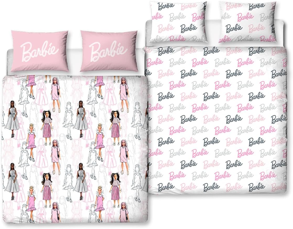 Character World Barbie Official Double Childs Duvet Cover Set | Figures Design Reversible 2 Sided Teens Bedding Including Matching Pillow Cases | Polyester Double Quilt Cover, Pink