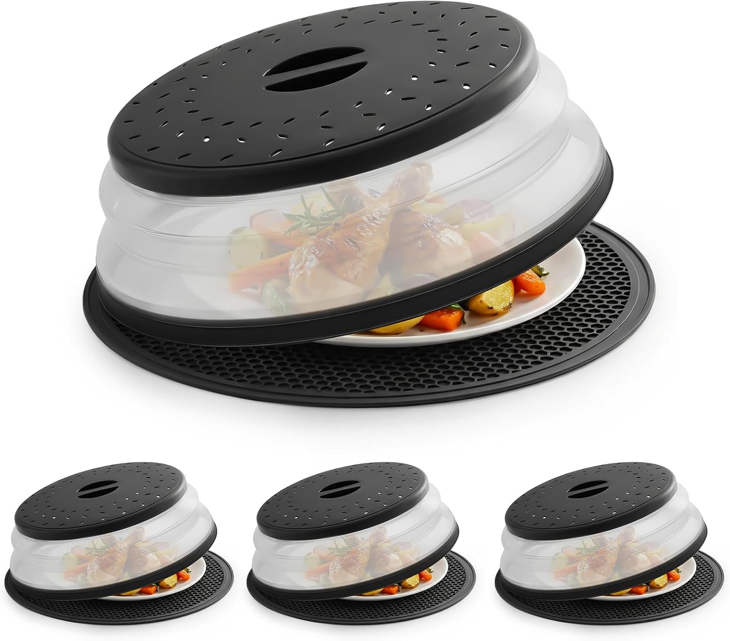 4 Pack Microwave Splatter Cover & Silicone Mat, Collapsible Microwave Plate Cover with Steam Vent, Reusable and Dishwasher-Safe, Ideal for coffee, fruit and vegetables