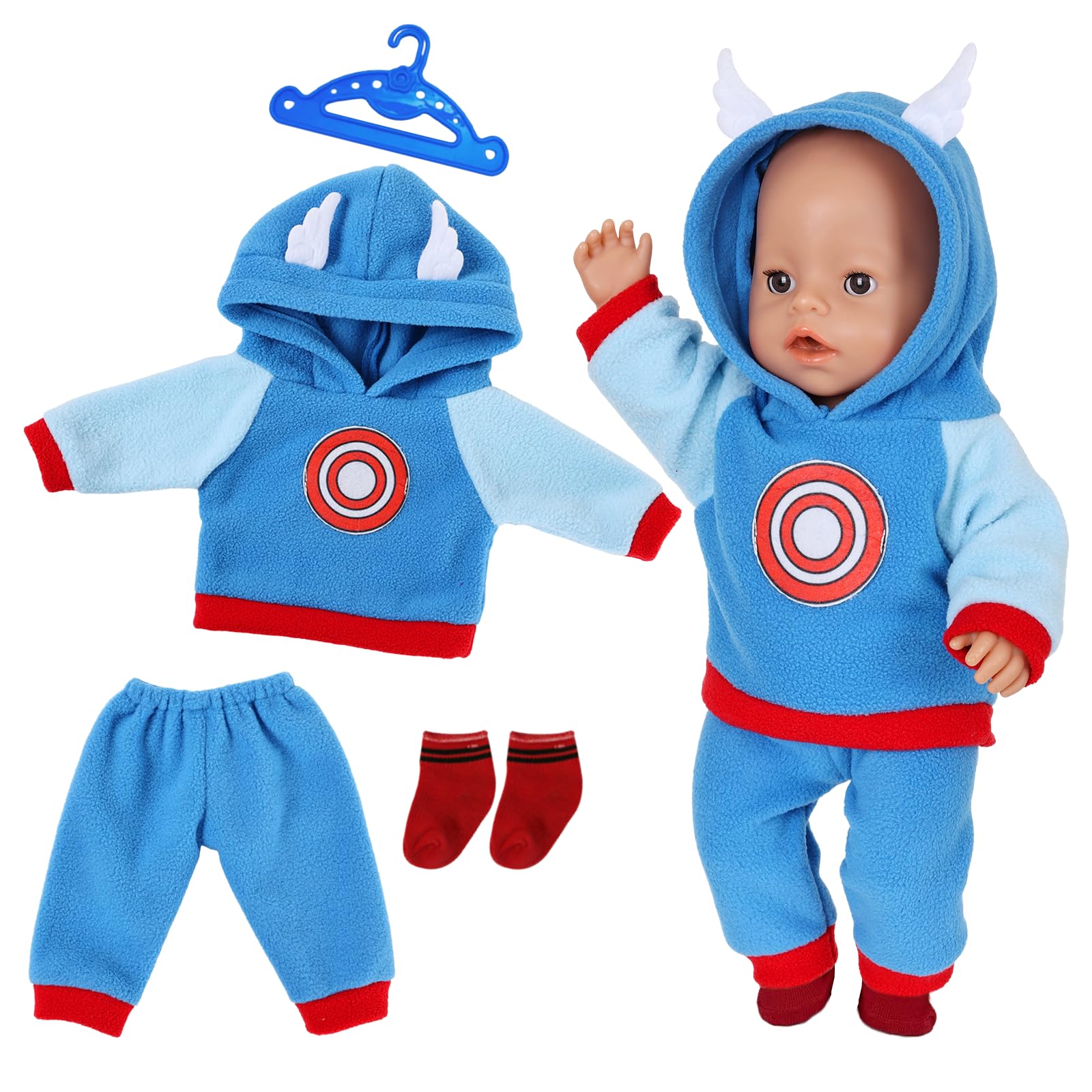 Doll Clothes for 35-43 cm Baby Dolls, 43 cm Clothing Outfits 1 Hooded Sweatshirt with Small Wings 1 Blue Trousers 1 Pair Socks + 1 Hanger Doll Clothing Set Gift