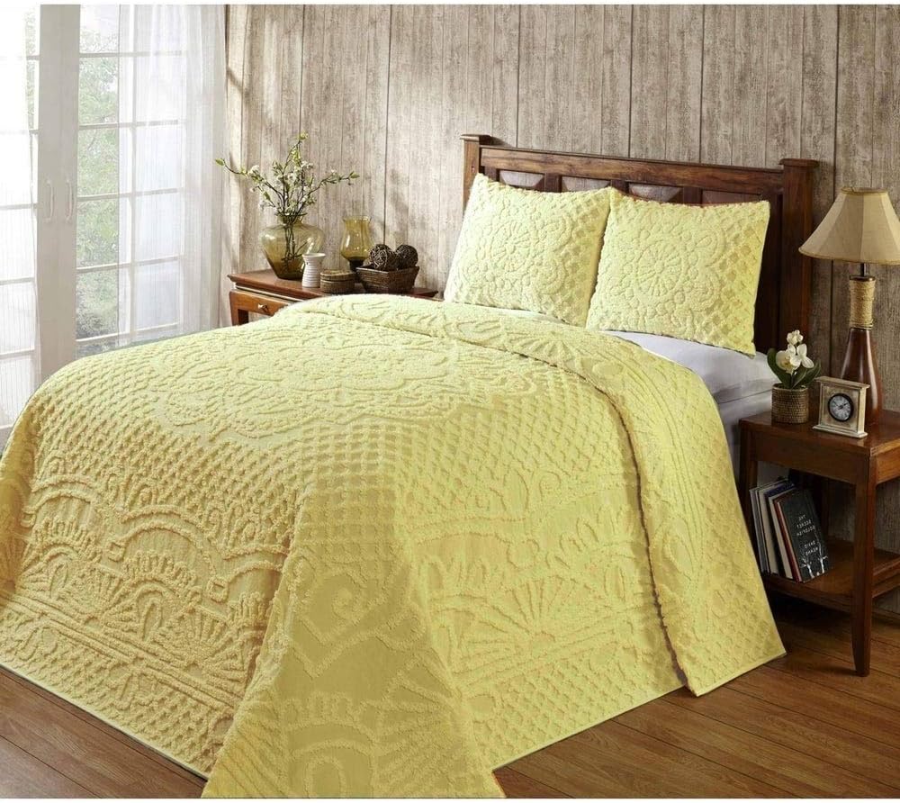 3 Piece Farmhouse Style Yellow Geo Bedspread Queen Tufted