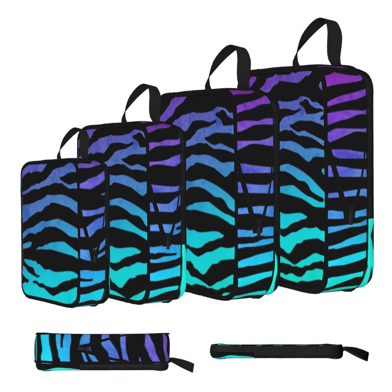 Purple Blue Green Camouflage Zebra Stripes Print Compression Packing Cubes 4-Piece Set With Multi- Compartment Travel Bag, Waterproof Suitcase Organiser Bags