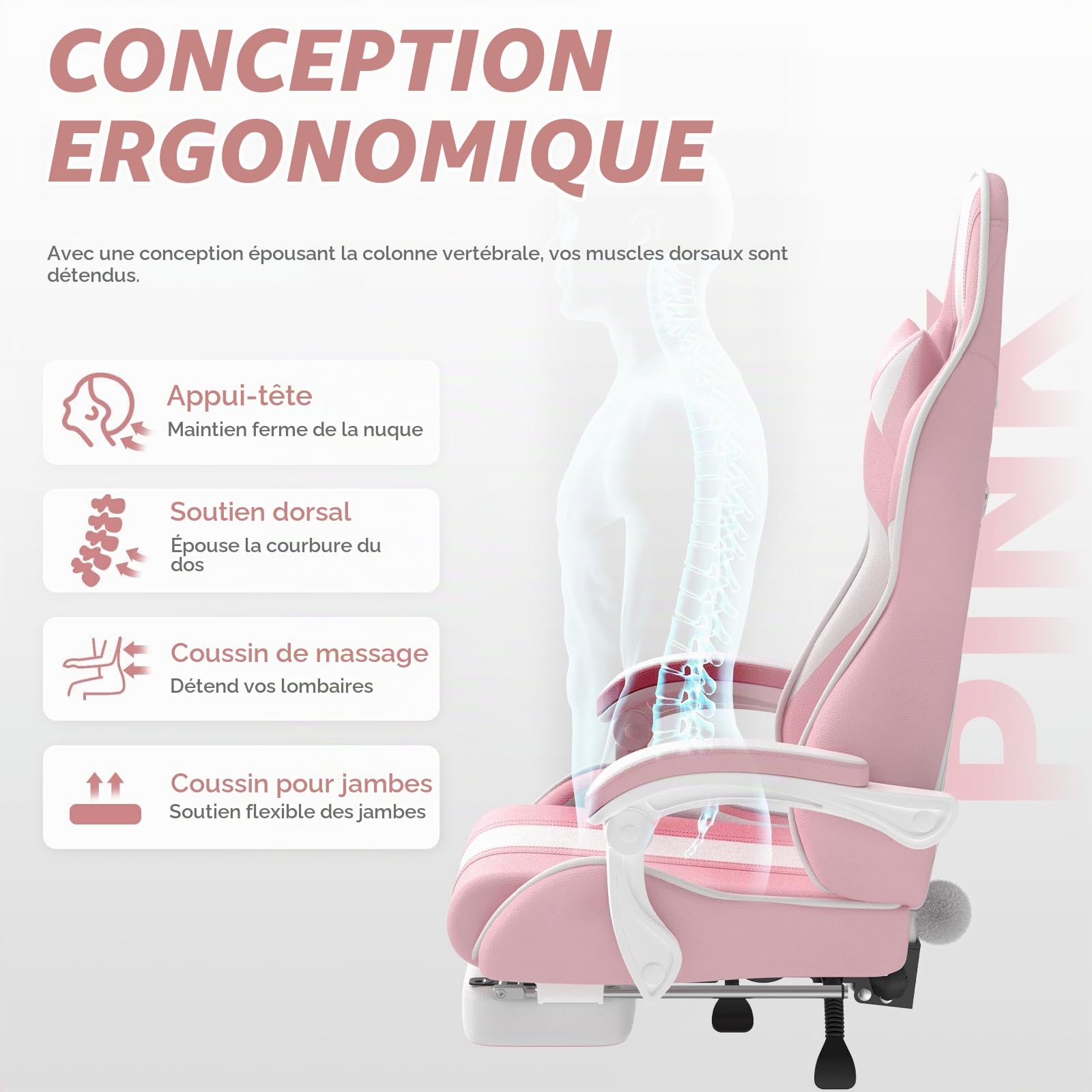 Chaise Gaming Ergonomique avec Repose-Pieds Rétractable, Gaming Chair avec Oreilles et Queue de Chat, Fauteuil Gamer en Tissu avec Massage Lombaire, Appui-Tête, Hauteur Réglable, Roulettes PU, Rose