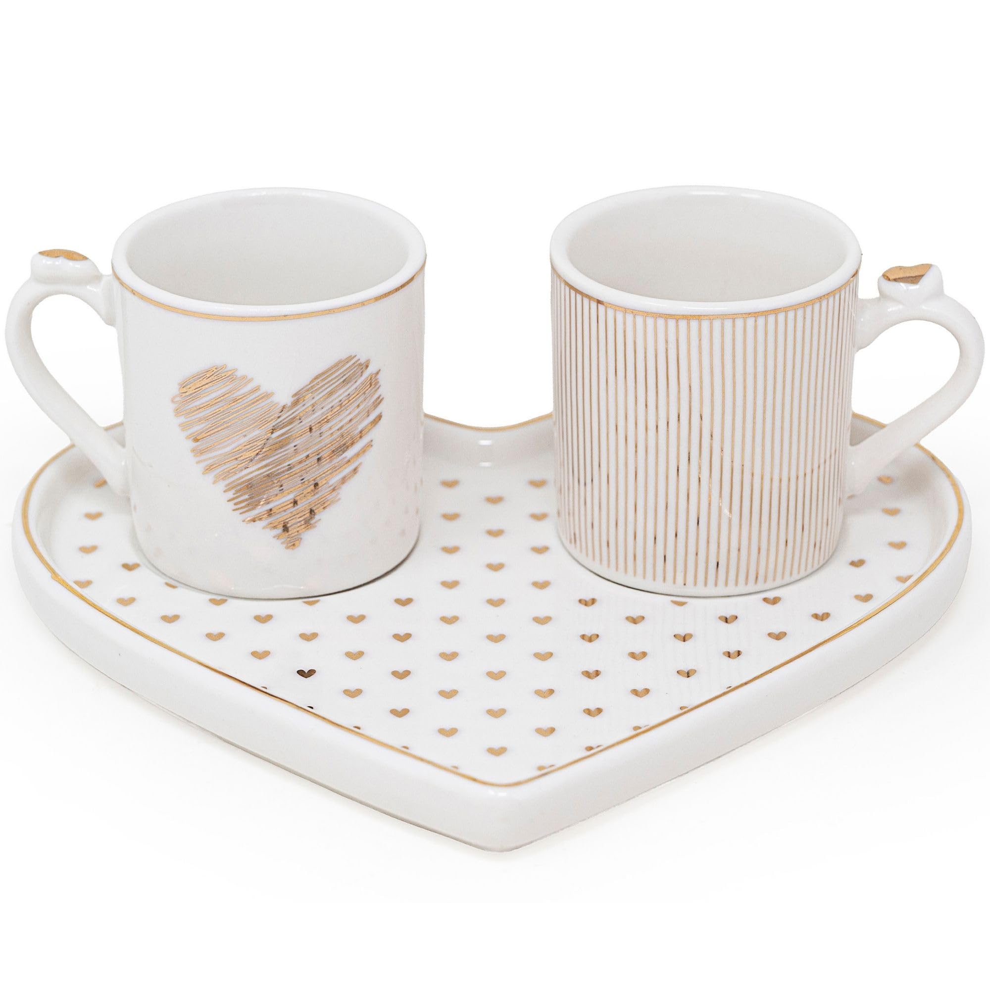 NAMAI - Set di 2 Tazzine Caffè con Vassoio a Forma di Cuore, 17,5x15,5x6h CM, New Bone China, Adatte in Lavastoviglie e Microonde, Regalo Coppia (Cuori)