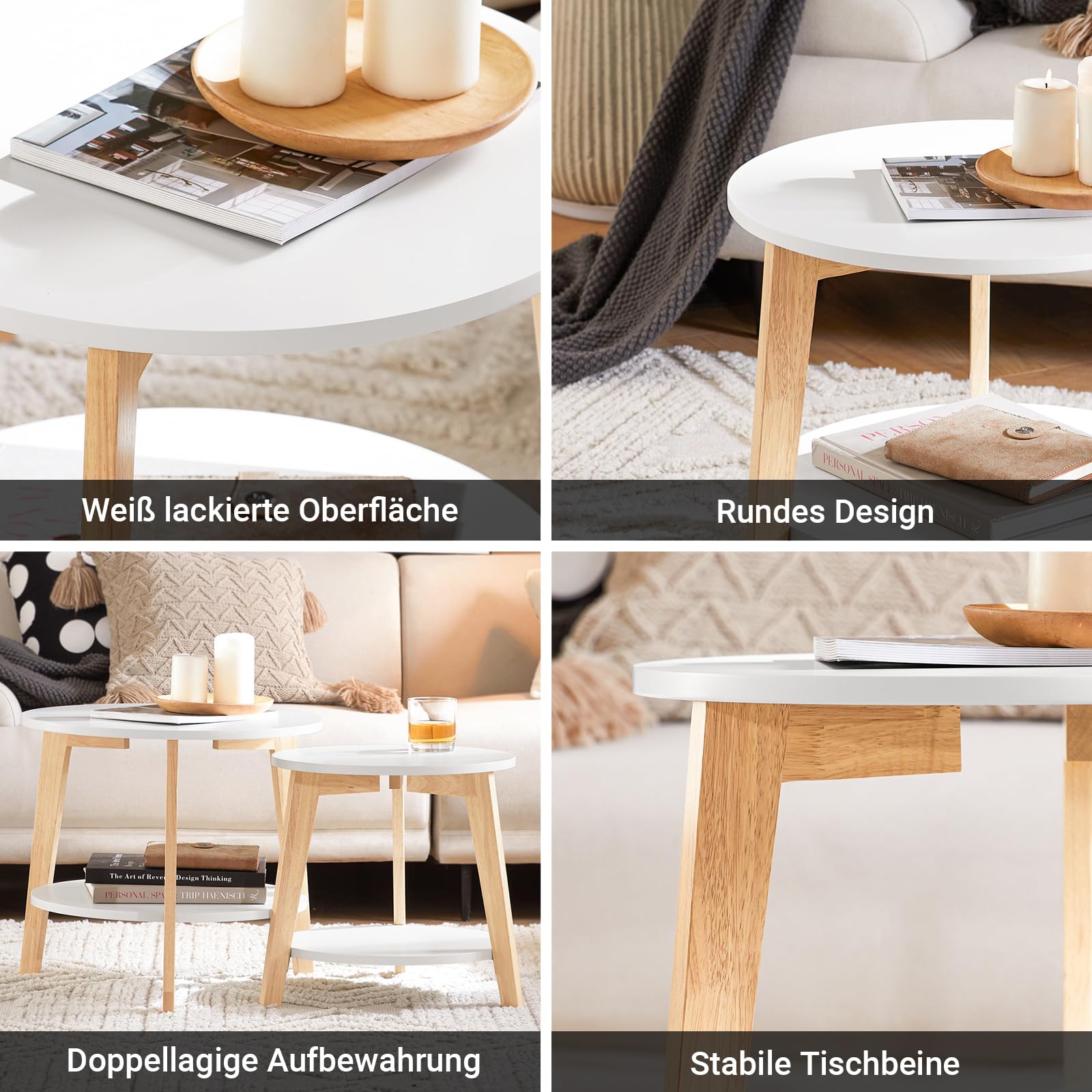 SoBuy Couchtisch 2er Set runde Beistelltische Weiß Wohnzimmer | Platzsparende Wohnzimmertische in zwei Größen, moderne kleine und große Tische für flexible Nutzung, FBT75-W