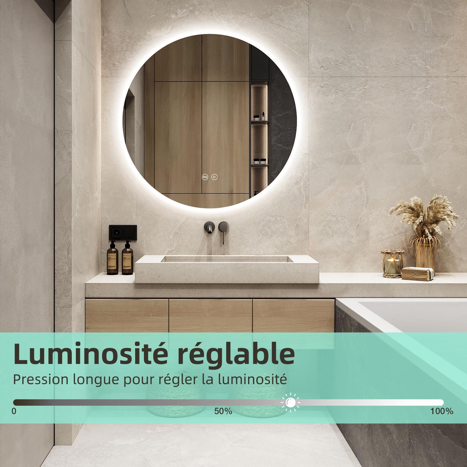 Badspiegel mit Beleuchtung, LED Runder Spiegel mit Beleuchtung, 3 Lichtfarben, Dimmbar, Touch-Schalter, Speicherfunktion, Energiesparend, Rund IP44 Wasserdicht Badezimmerspiegel 60 cm