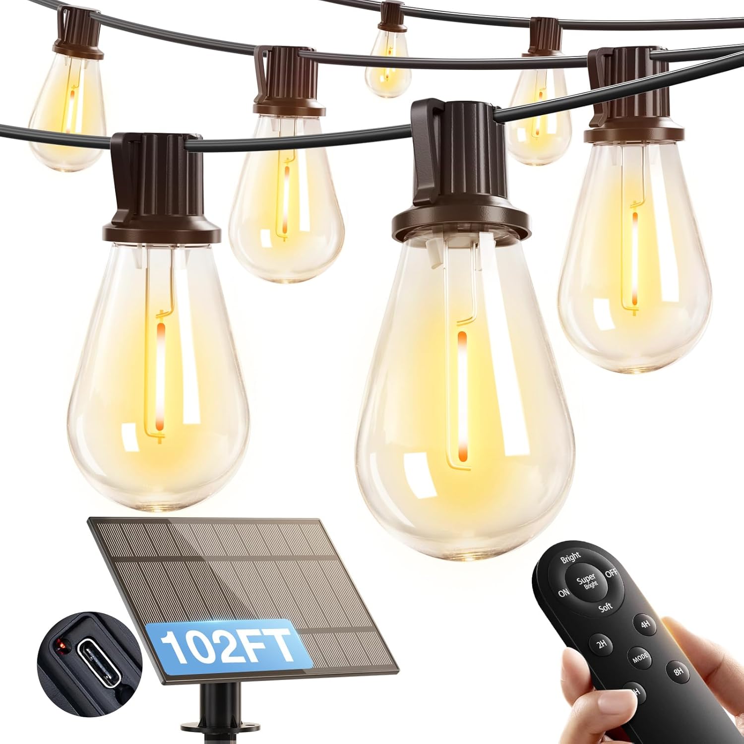 addlon 102FT(96FT+6) Solar String Lights Outdoor Waterproof with USB Port & Remote Control Solar Patio Lights for Outside Solar Powered with 34 LED Dimmable Bulbs for Porch Garden Deck Halloween