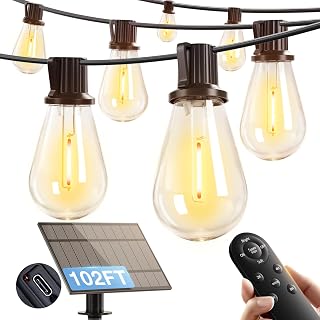 addlon 102FT(96FT+6) Solar String Lights Outdoor, Waterproof, Last 20+ Hrs | 34 Shatterproof LED Bulbs, USB Charging, Dimmable, Timer Remote, Easy Install for Garden, Backyard, Pergola and Party