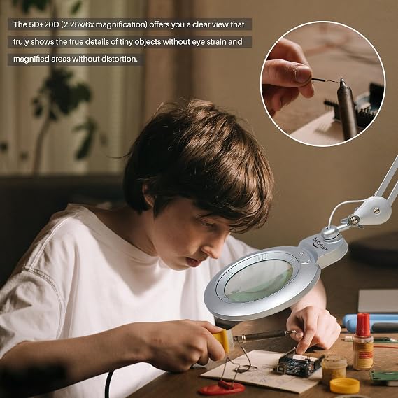 Bifocal Magnifying Lamp with Clamp, 5D with 20D, Silver