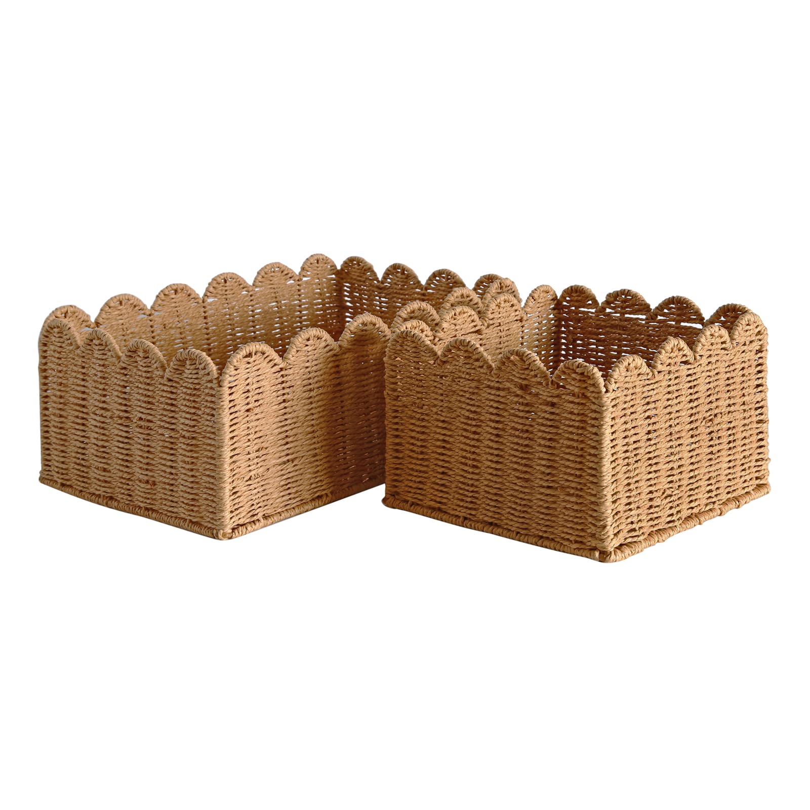 Scalloped Basket, Wicker Storage Baskets, Hand Woven Baskets for Shelves,Natural Baskets for Organizing (S+M)