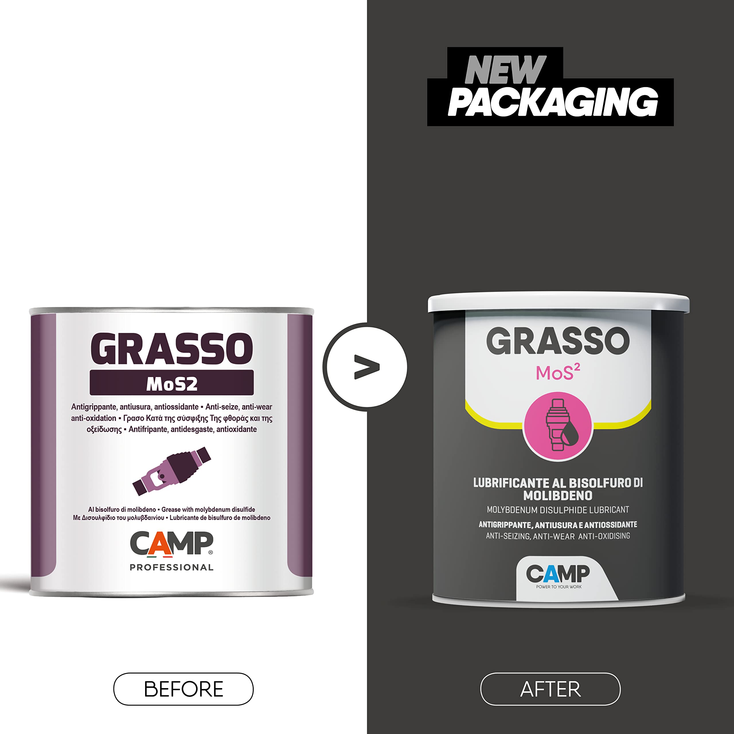 CAMP Grasa MOS2 - Grasa lubricante con disulfuro de molibdeno para cargas pesadas y altas temperaturas, anti-gripante y antidesgaste, 6 x 1 kg