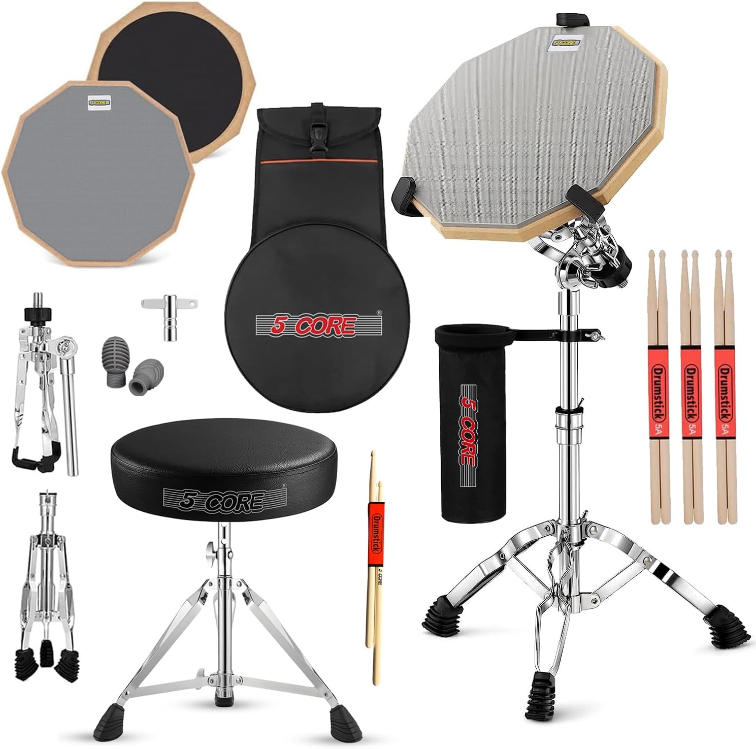 5 CORE Drum Throne Padded Guitar Stool + Practice Pad Set 12" Snare Drumming Stand Double Sided Silent Drummer Kit - DS CH BLK + DPAD Combo Grey
