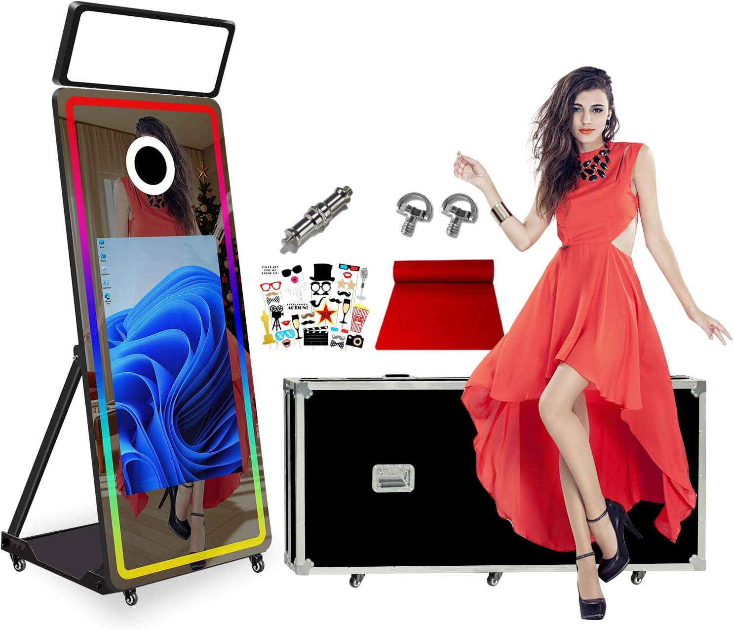 Magic Mirror Photo Booth Instant Printing Machine for Recording Valuable Moments Events, 65" Photobooth, 32inch Touchscreen, Built-in Mini PC, Ideal for Party, Wedding(Black, Photo Booth)