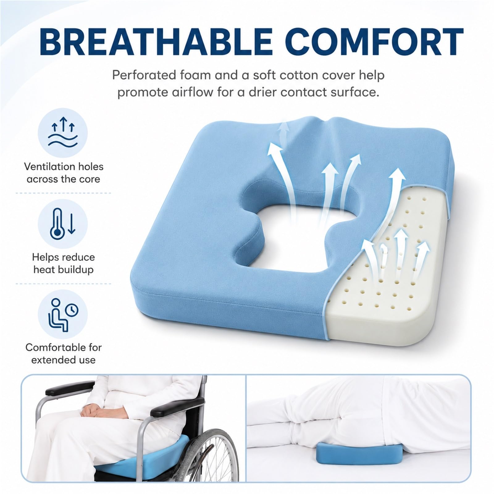 Cojín Antiescaras para Asiento y Cama Cojín de Coxis con Diseño Hueco Transpirable de Espuma Viscoelástica Ergonómica Alivio de Presión para Silla de Ruedas Mayores(Waterproof kit)