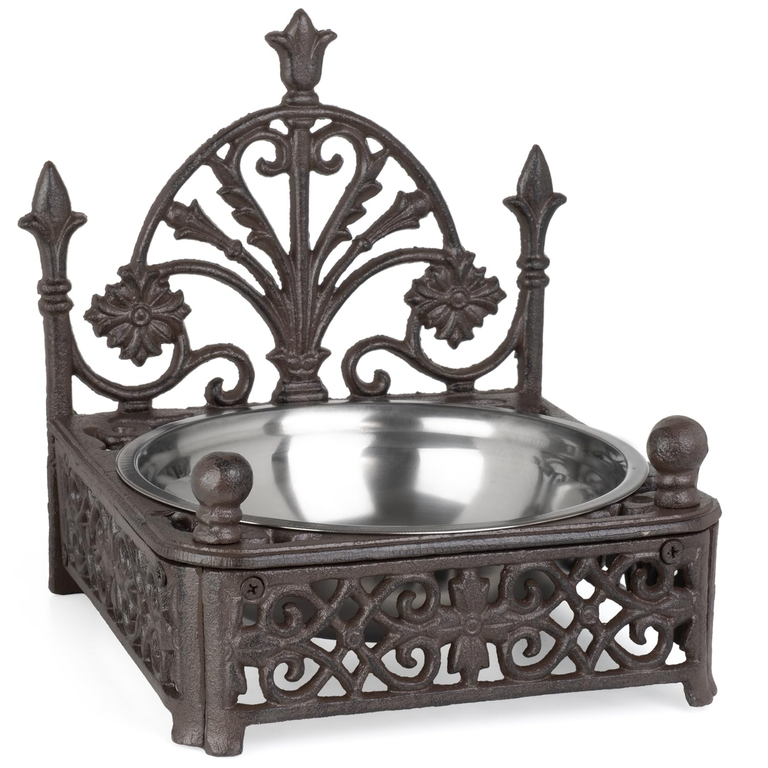 Gamelle pour chien en fonte marron antique avec bol en acier inoxydable - Mangeoire pour chiens et chats de style vintage - Support décoratif surélevé - 2,6 kg - Largeur 24 cm
