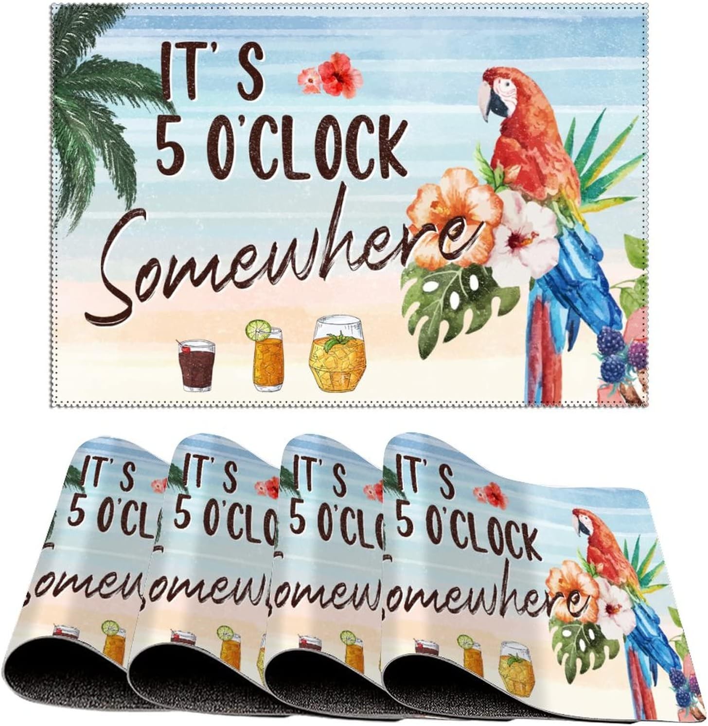 It's 5 O'Clock Somewhere Parrot Flowers Palm Table Mats Set of 4 Anti-Slip Fabric Table Place Mats Watercolor Parrot Heat-Resistant Table Placemats Suitable for Dining Table Holiday Parties