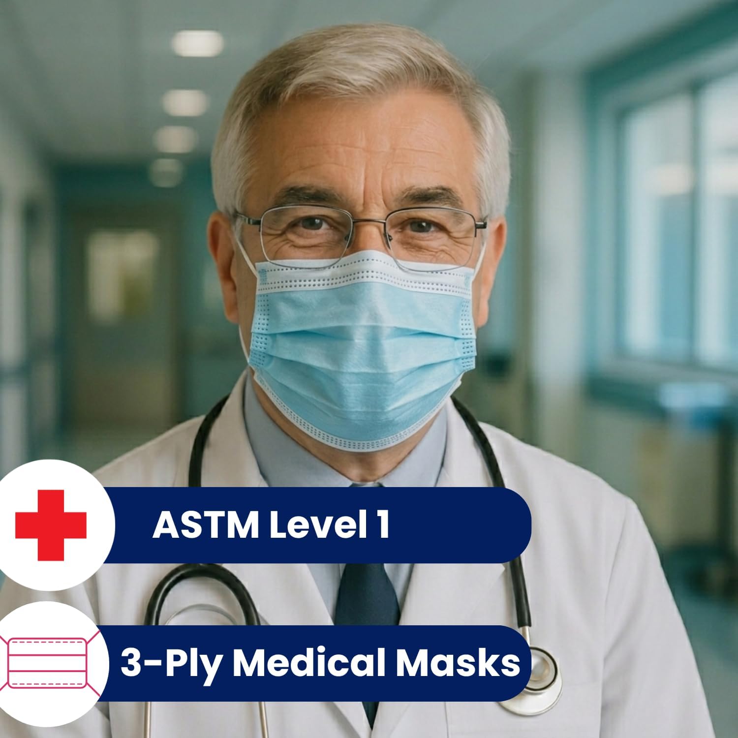 MAGICARE USA Blue Face Mask, Disposable - Face Masks Medical Grade (ASTM Level 1), 3 Ply - Comfortable, Soft, Breathable, for Adults (50/Box)