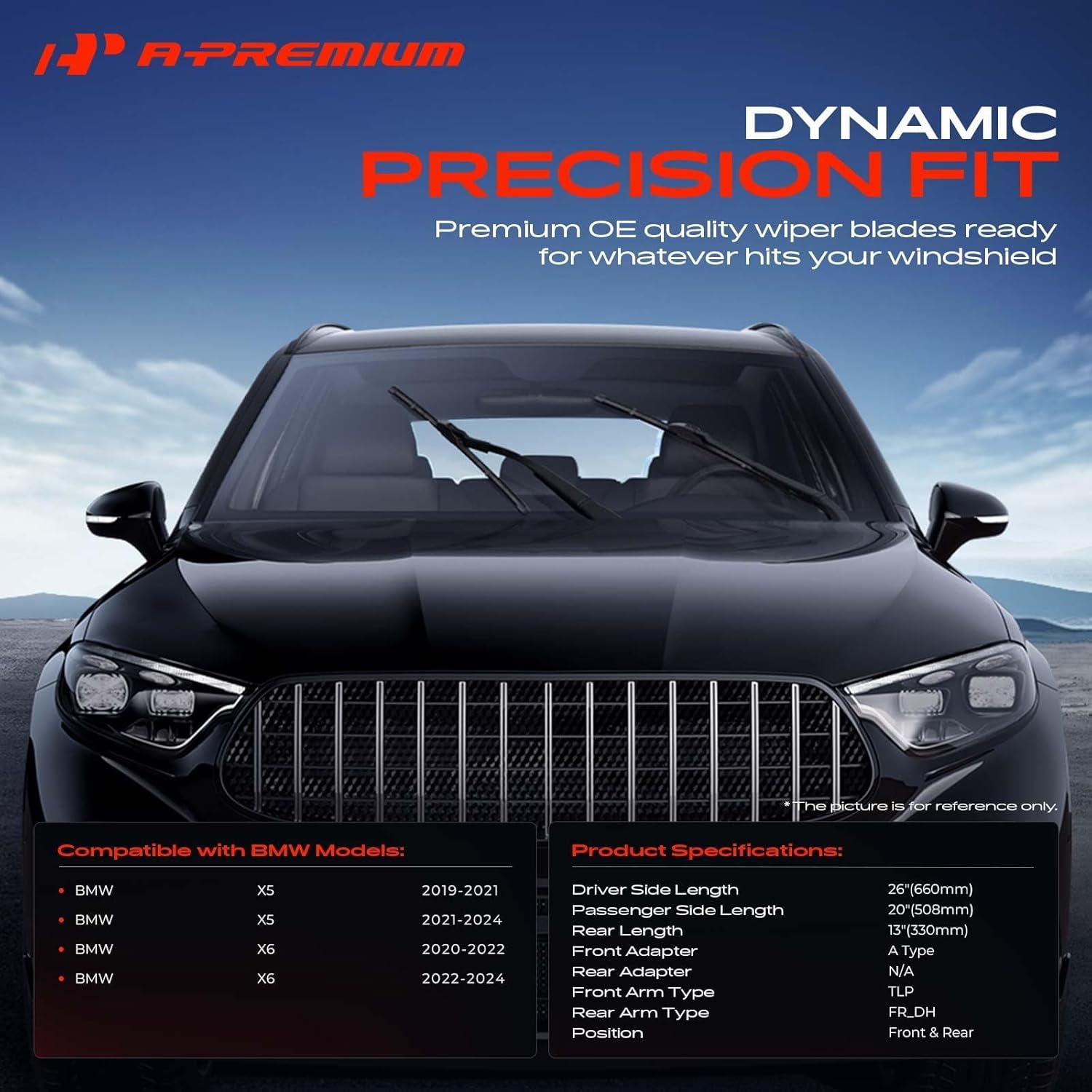 A-Premium 26"+20"+13" Windshield Wiper Blades Compatible with BMW X5 2019-2024, X6 2020-2024 - Front Rear Wipers Blade Set, TLP/FR_DH Arm Connector, with Wear Indicator & Towel (Pack of 3)