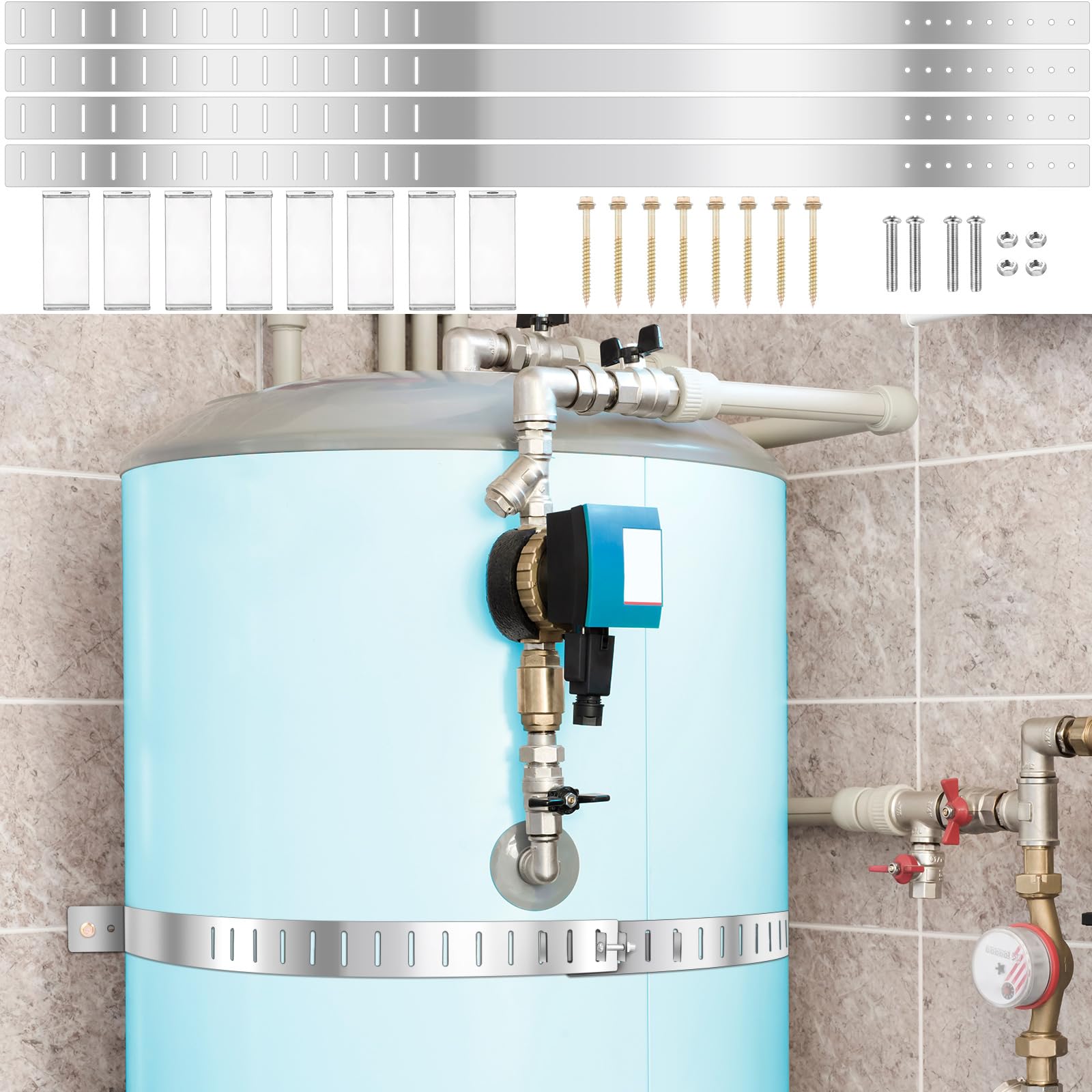 Yaocom - Juego de 2 correas de sujeción para calentador de agua sísmico, ajustables, de 38 pulgadas, con montaje frontal, de seguridad contra terremotos para calentador de agua de 80 galones, de acero inoxidable galvanizado, con accesorio de instalación