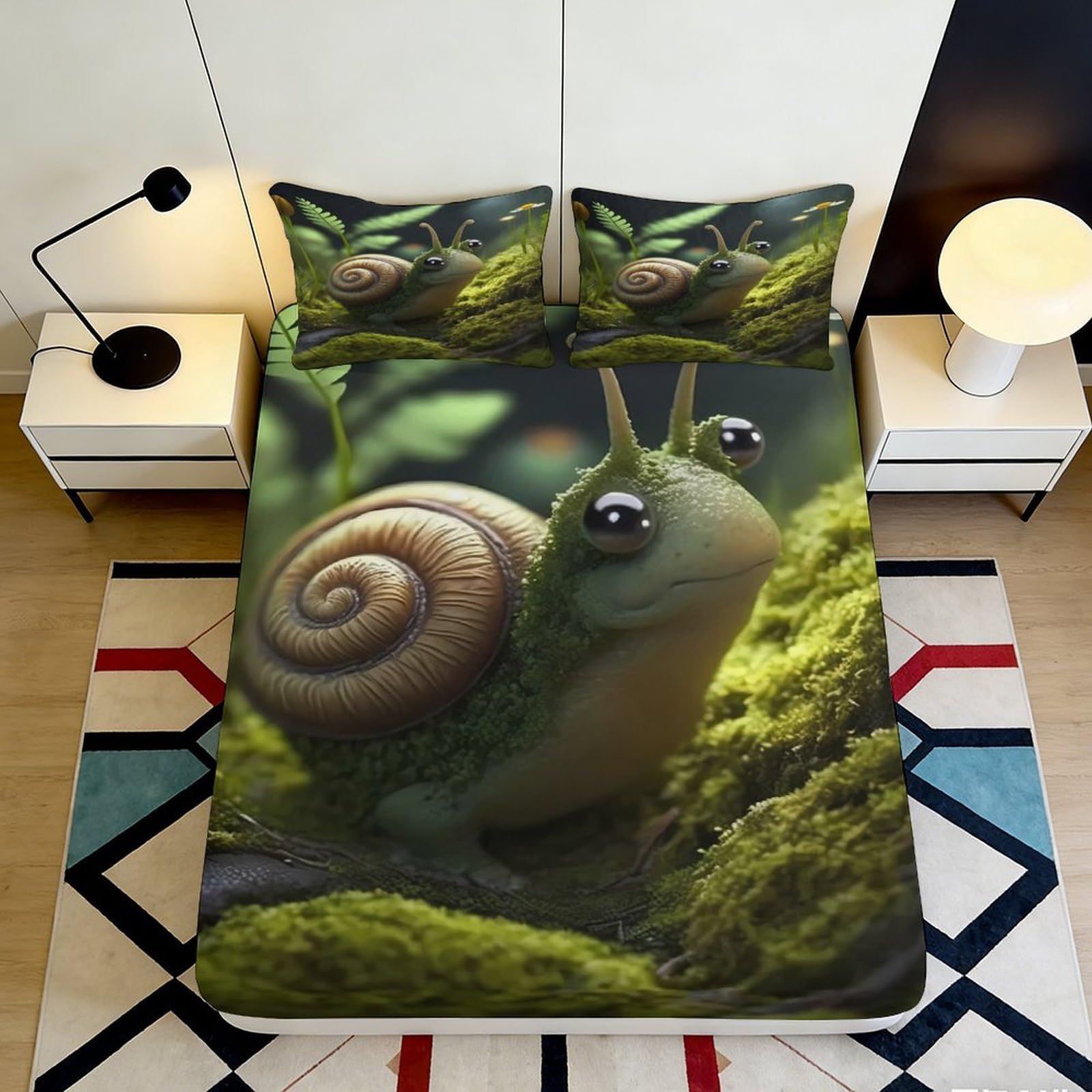 3D Printed Cartoon Snail Fitted Sheet Microfiber Soft Mattress Cover Forest Moss Pattern for Bedroom Dorm Decor 90x200x25cm