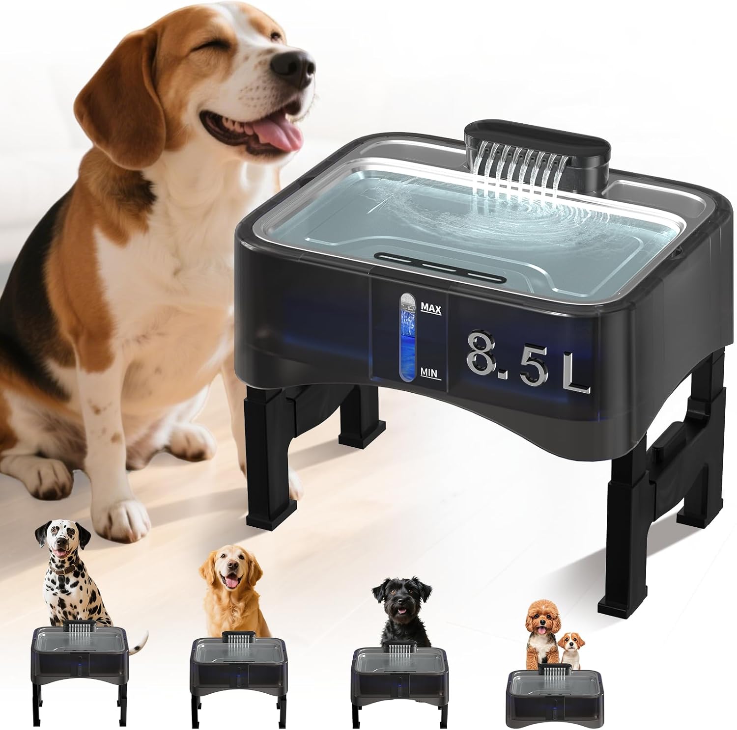 8.5L/2.25Gal Elevated Dog Water Fountain, Xetino 4 Height Adjustable Raised Dog Water Bowl Dispenser for Large Dogs with Stainless Steel Tray, Pet Water Fountain with Ultra Quiet Pump and Filter Black