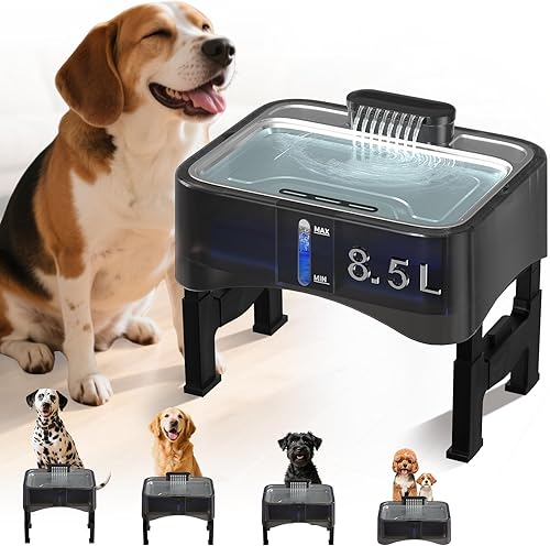 Fuente de agua elevada para perros de 8.5L2.25 galones, dispensador de agua elevado ajustable de 4 alturas para perros grandes con bandeja de acero