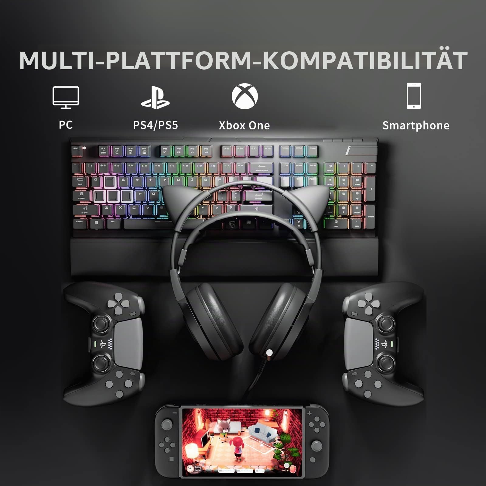 Somic Gaming-Kopfhörer für Xbox One, Stereo-Surround-Sound mit Geräuschunterdrückung, abnehmbares Katzenohr-Headset mit Inline-Steuerung für Jungen und Männer