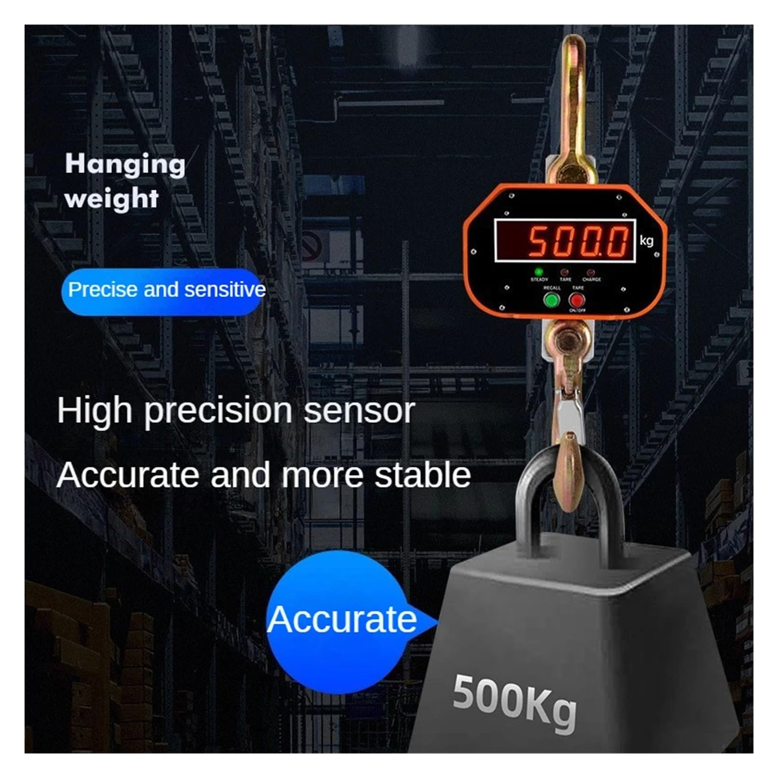 Bilancia per Gru sospesa 1T 2T 3T 5T ​​10T Bilancia Sospesa Wireless Digitale Ricaricabile LED Visualizzazione Diretta Telecomando Gru Bilancia Guscio in Lega di Alluminio(3T 0.5KG)