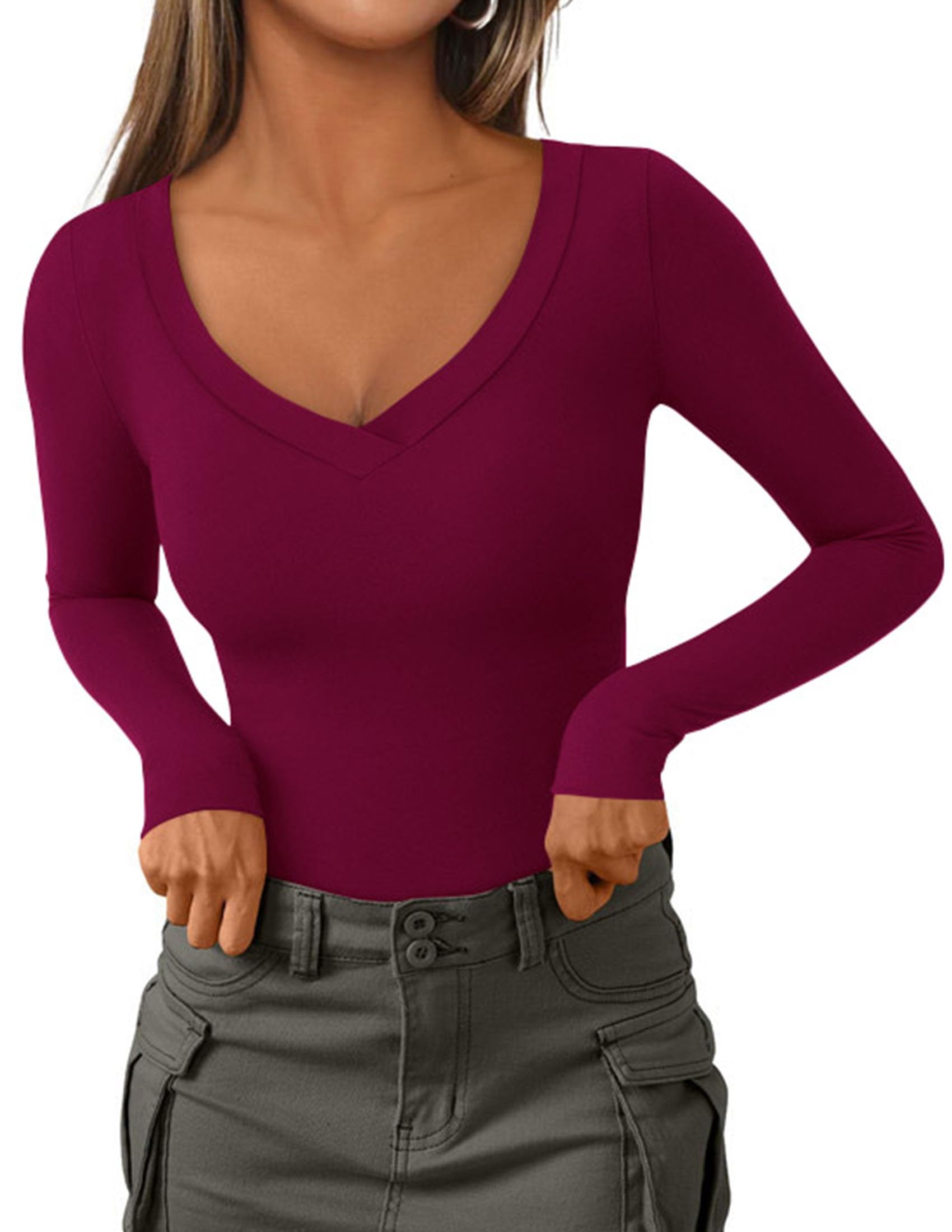 PRETTYGARDEN Long Sleeve Shirts for Women 2026 Fall Fashion V Neck Going Out Tops Slim Fit Basic Tees Y2K Clothes