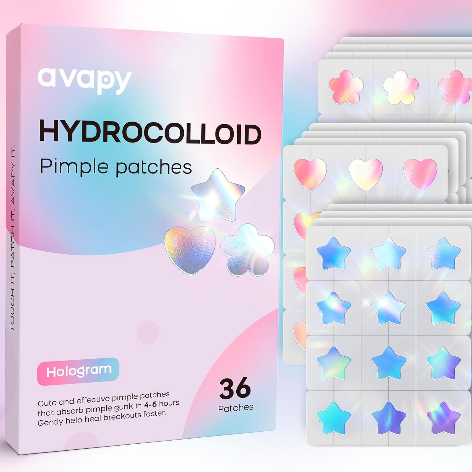 Pimple Patches for Face, Cute Hydrocolloid Acne Patches, Colorful Hologram Star Sport Stickers, Zits & Blemish, Pimple Patch with Salicylic Acid, Blue Pink Star Heart Flower 12MM(36 Count)
